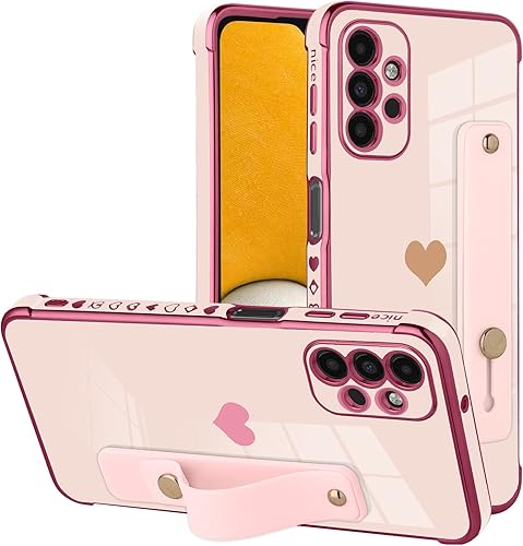 BITOBE Funda diseñada para Samsung A13 4G, diseño de corazones rosas para mujeres, niñas y hombres, chapado de lujo con soporte de correa,