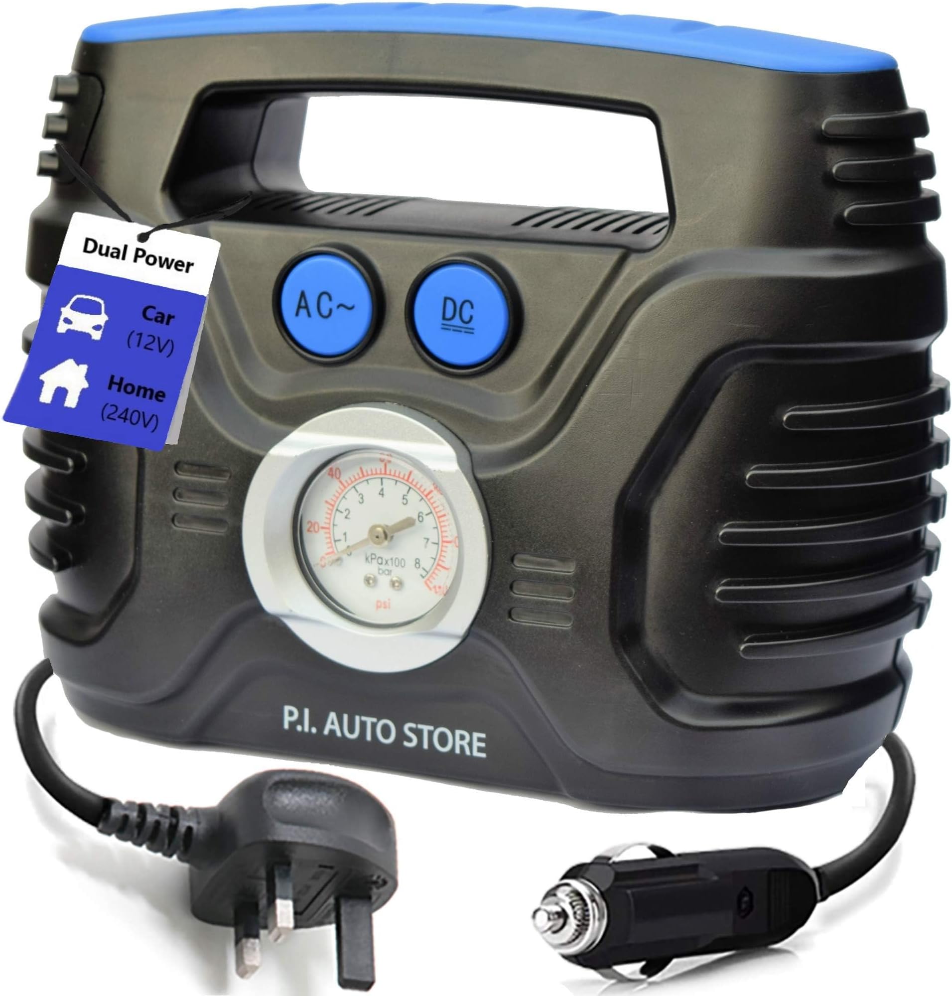 Miloll Tyre Inflator Pump - 240v Car Tyre Inflator (Mains) OR 12V DC Tyre Compressor (vehicle) Dual Electric Powered - Top Car Accessories for Men