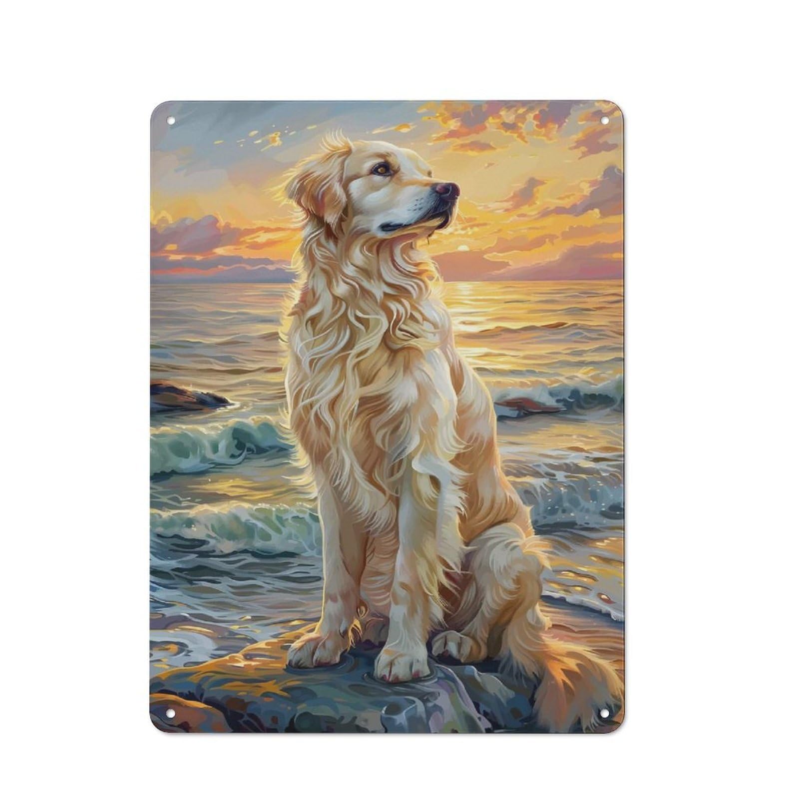 Junmoney Golden Retriever At Sunset Seascape Painting Vintage Tin Wall Plaque 40X30cm For Café Or Restaurant, A Decorative Christmas Gift For Café Owners And Decorators