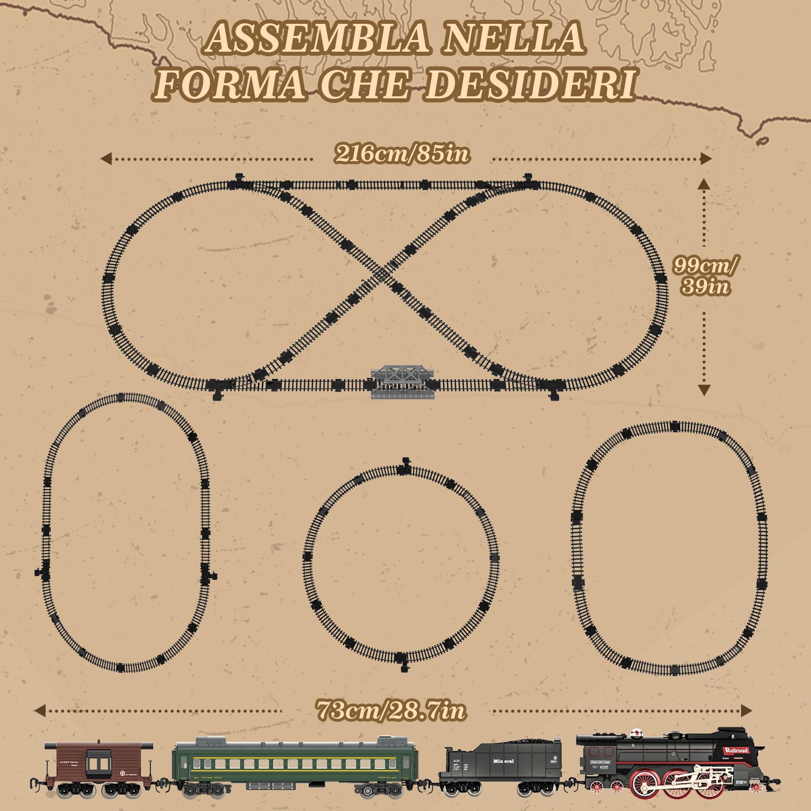 Joellfuner Trenino Elettrico per Bambini, Locomotiva a Vapore, Trenino Elettrico Natalizio con Affumicato, Luci e Suoni, Treni Elettrico Giocattolo con Pista Lunga per Regali di Natale (old school)