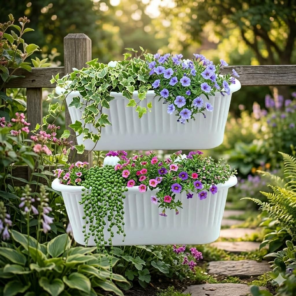 White Railing Planters for Balcony (Set of 4) - Durable Plastic Hanging Flower Pots with Ribbed Design | Opening Length: 39cm, Height: 14cm, Width: 15cm | Ideal for Indoor & Outdoor Gardening
