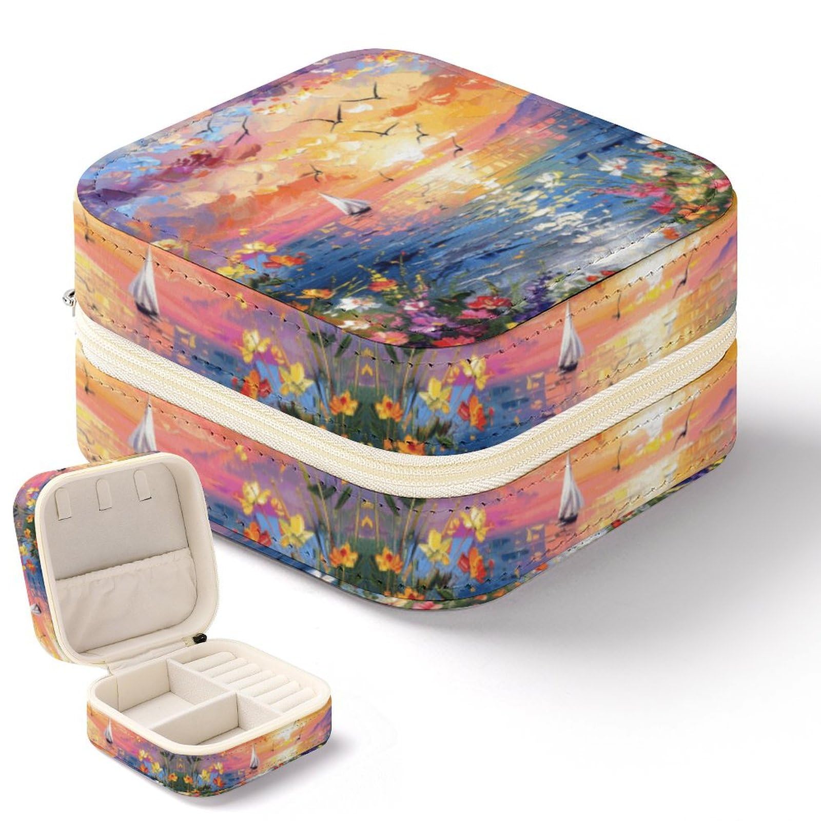 Boîte à bijoux de voyage en cuir imprimé coucher de soleil, le cadeau idéal pour voyageuse