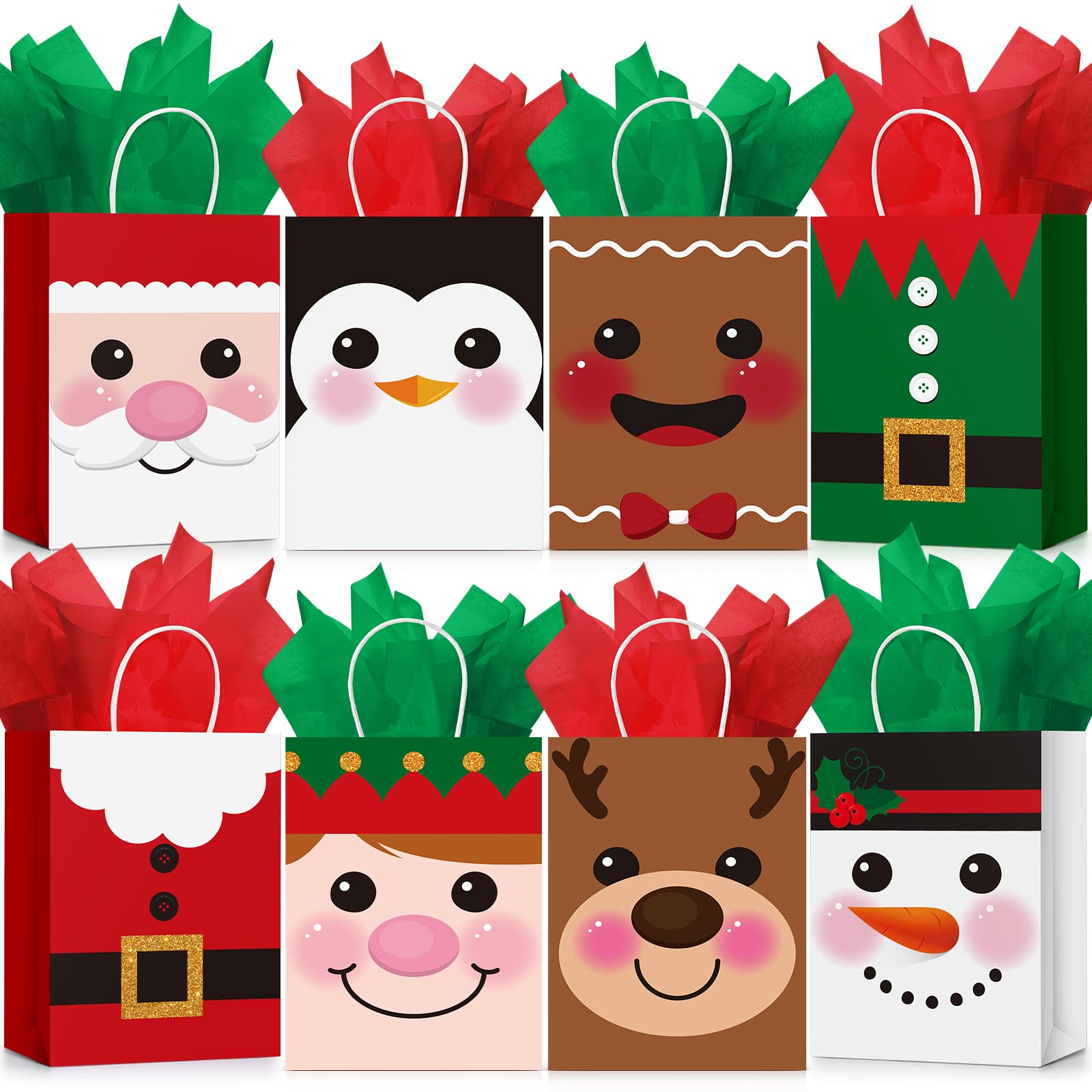 Lot de 24 sacs cadeaux de Noël en papier de soie avec poignées en vrac pour emballage cadeau de Noël, fournitures de fête de vacances (mignon, taille M)