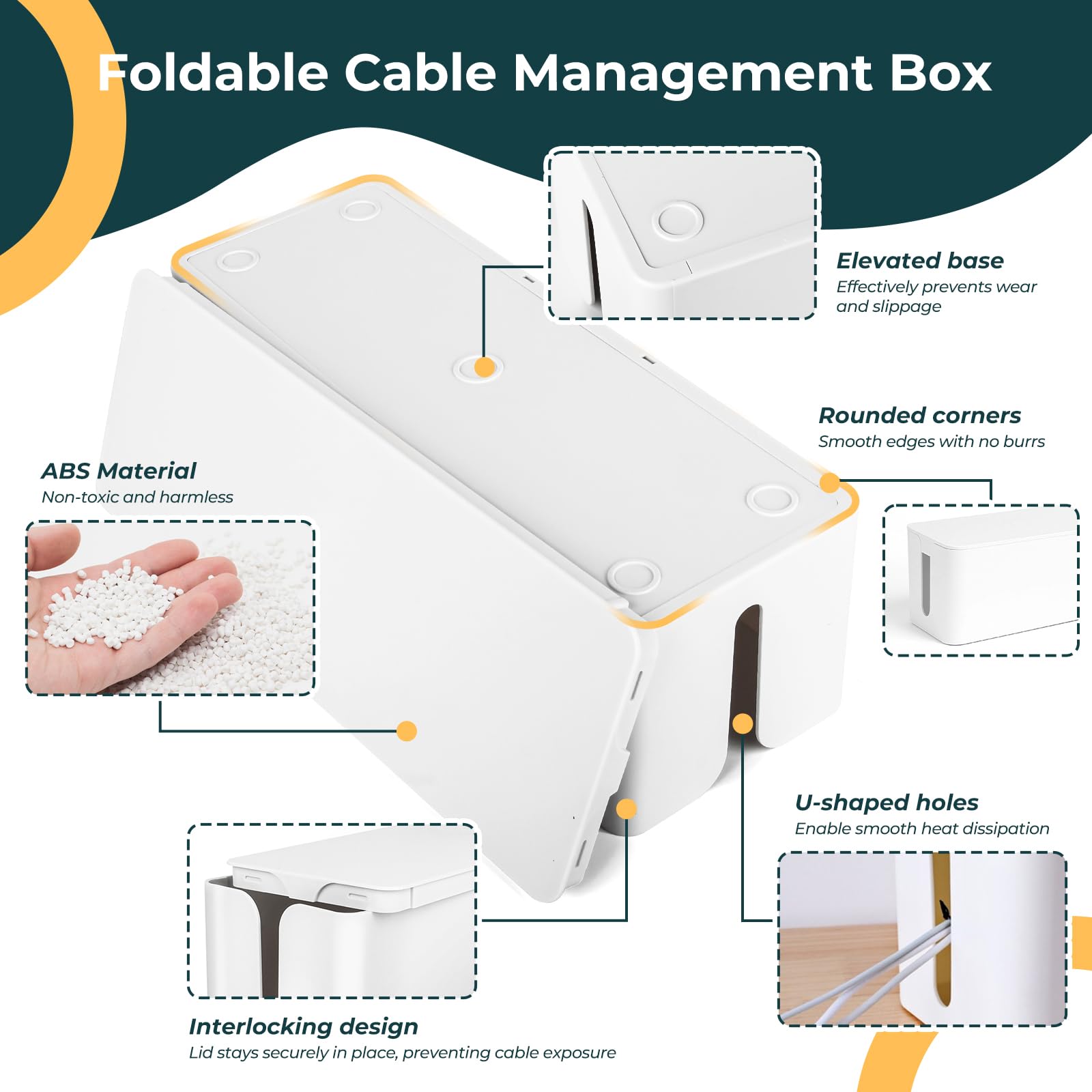 Plegable Caja Organizadora Cables, Caja Cables Organizador de Plástico para Ocultar Enchufes Eléctricos, Antideslizante, Apto para Oficina y Hogares, Blanco (40 x 14,5 x 12,7 cm) - 3