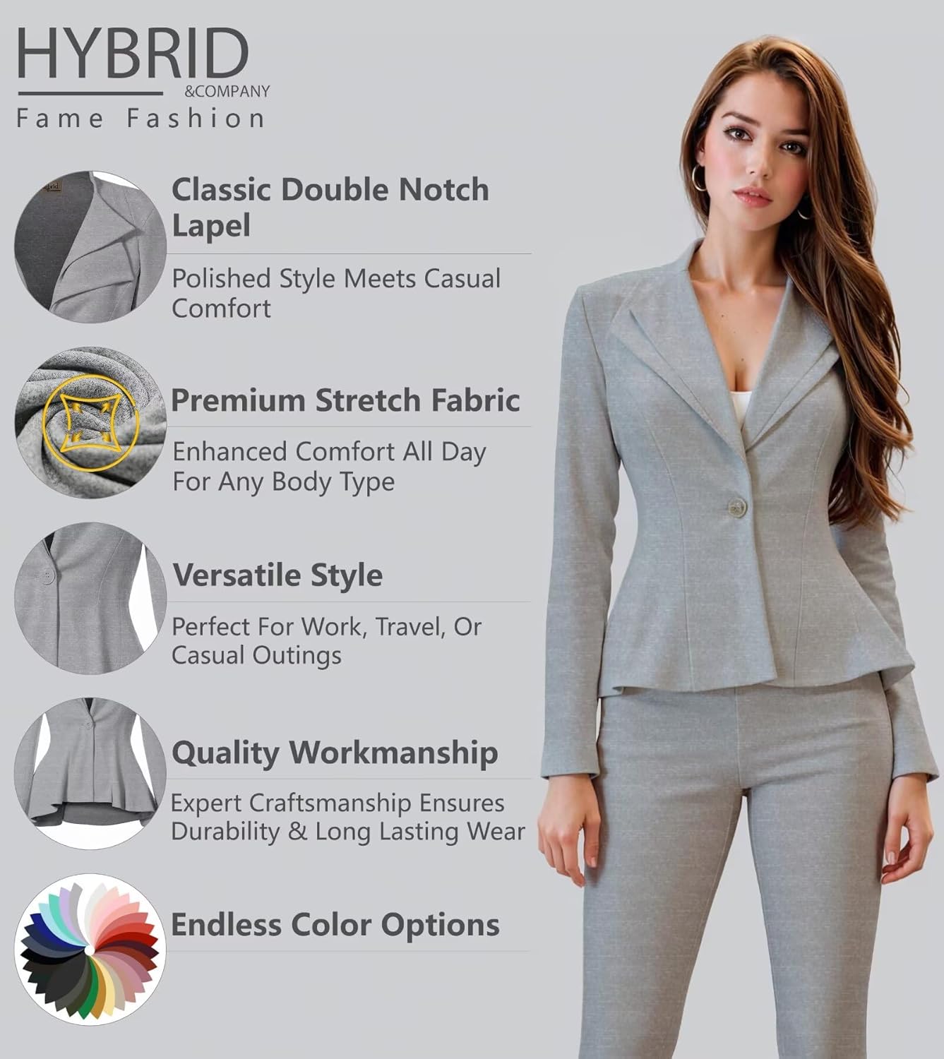 Hybrid & Company Women's Casual Work Office Dressy Double Lapel Single Button Peplum Comfortable Blazer - Image 2