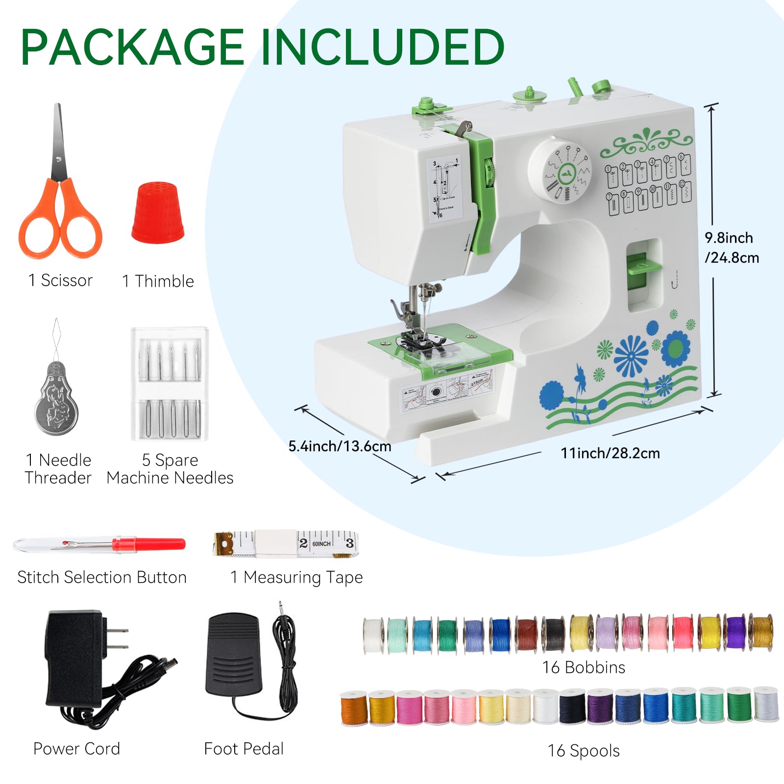 Machine à Coudre Portable Débutant, Qoosea 12 Modèles de Points Sewing Machine avec Kit Accessoires et Lumière LED, Multifonction Petite Machine à Coudre électrique pour DIY et Vêtements Vert