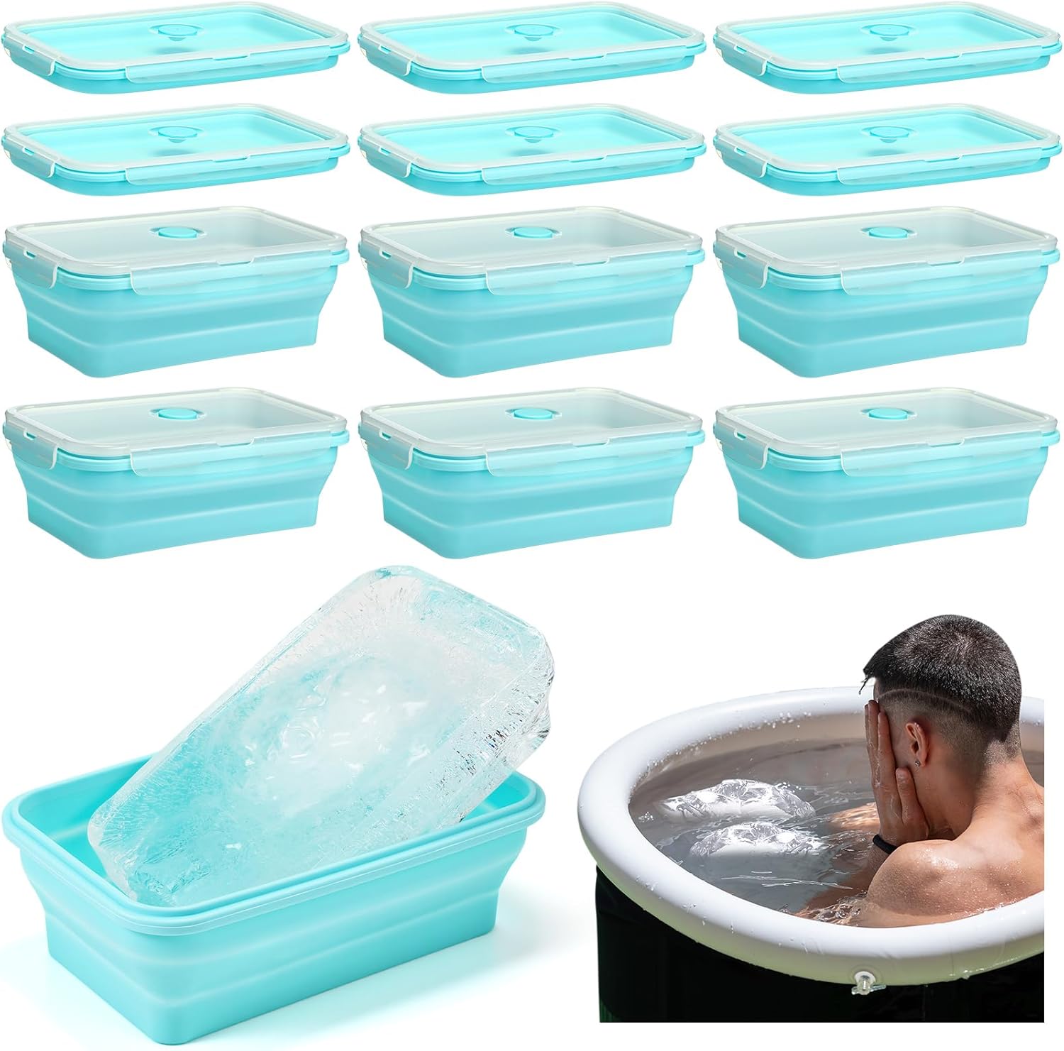 12 Pack Collapsible Large Ice Cube Molds with Lid 30 lb Silicone Bath Ice Block Mold Reusable Food Storage Chiller Brick Container for Cold Plunge Freezer Lunch Picnic Bento Box