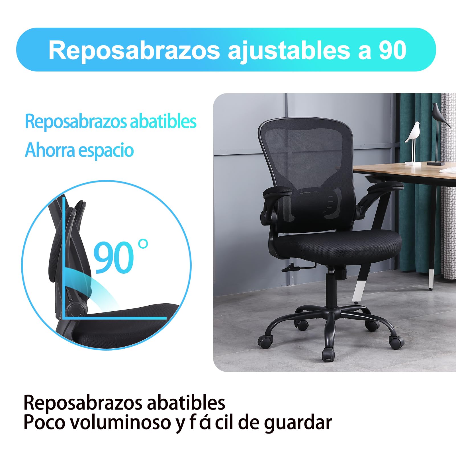 Youhauchair Silla Oficina con Reposabrazos Abatibles, Negra | Silla Ergonomica Escritorio de Malla Transpirable, Reposabrazos Abatibles, Soporte Lumbar, Capacidad máxima 150KG