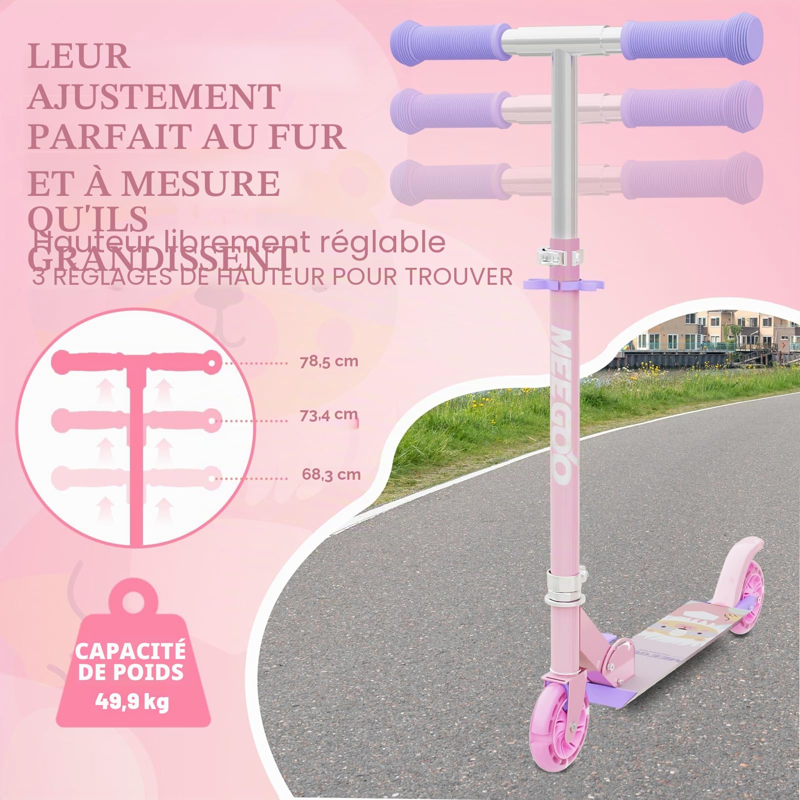 MEE GOO Trottinette pliable en aluminium pour enfants de 8 ans et adultes - Hauteur réglable - Avec frein à main et cloche