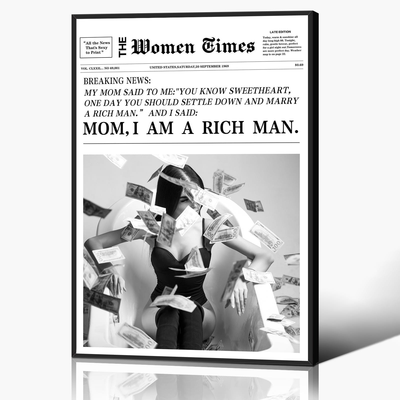 Anslipswar Girls 11 Framed Trendy Black And White Canvas Wall Art, Funky Aesthetic Preppy Poster, Women Times Newspaper Art Print, Vintage Bar Cart Wall Decor, Dorm Apartment Picture 12X16in Framed