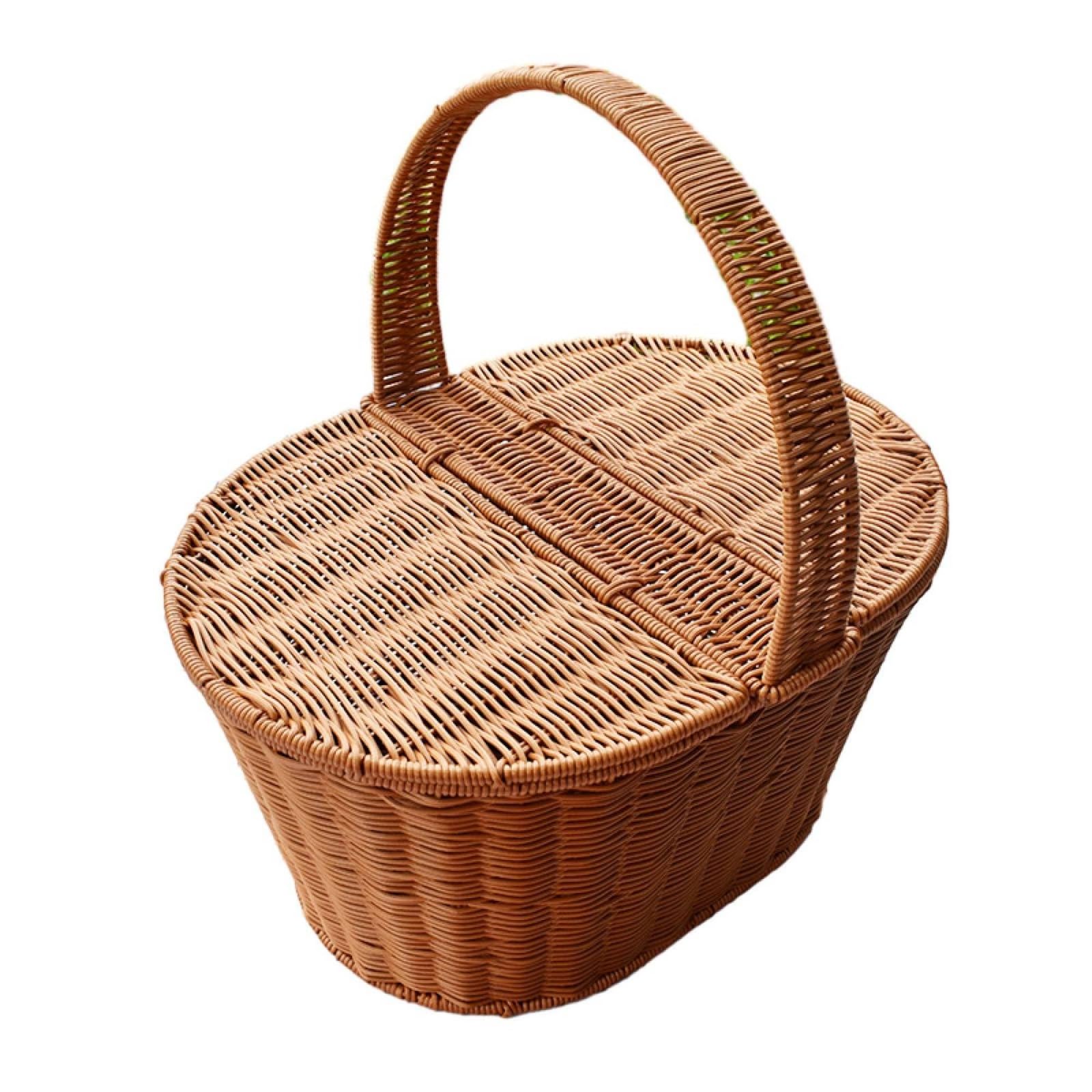 Picknickkorb mit Deckel tragbar Einkaufskorb mit Deckel groß Flechtkorb für Einkauf, Braun, Groß 45x30cm