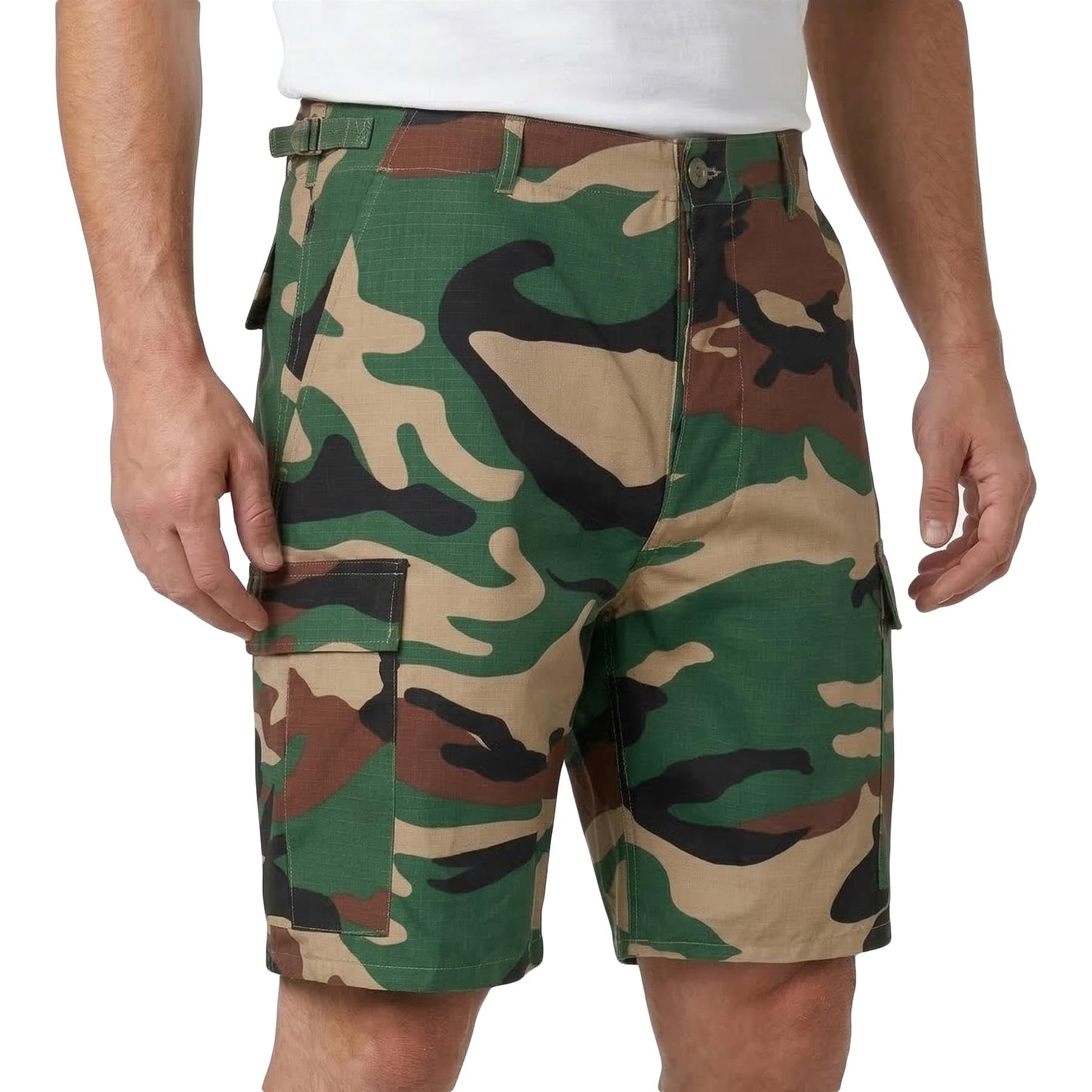 VINTIKA Mens Cargo Shorts Combat Military Ripstop Cotton Summer Short Outdoor Travel Army Tactical Hiking Gear - Woodland Camouflage - L