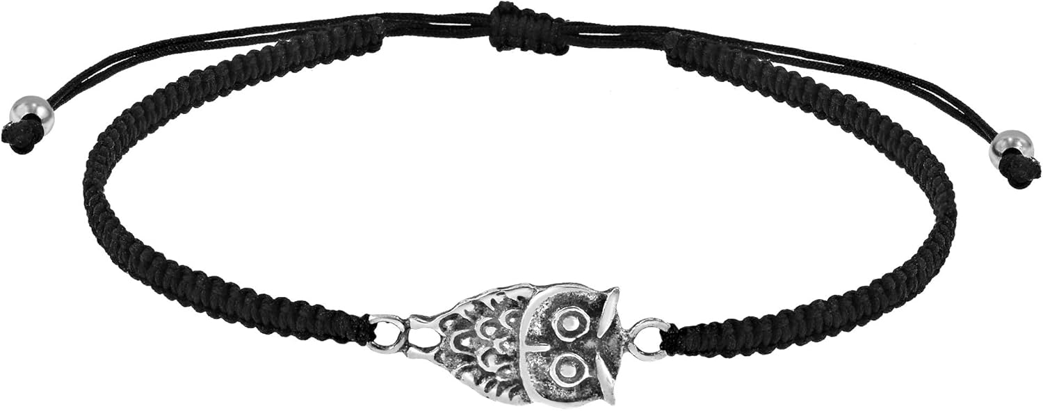 AeraVida Nocturnal Guardian Owl .925 Sterling Silver Charm on Black Adjustable Bracelet | Sterling Silver Charm Bracelet for Women | Black Adjustable Bracelet for Women