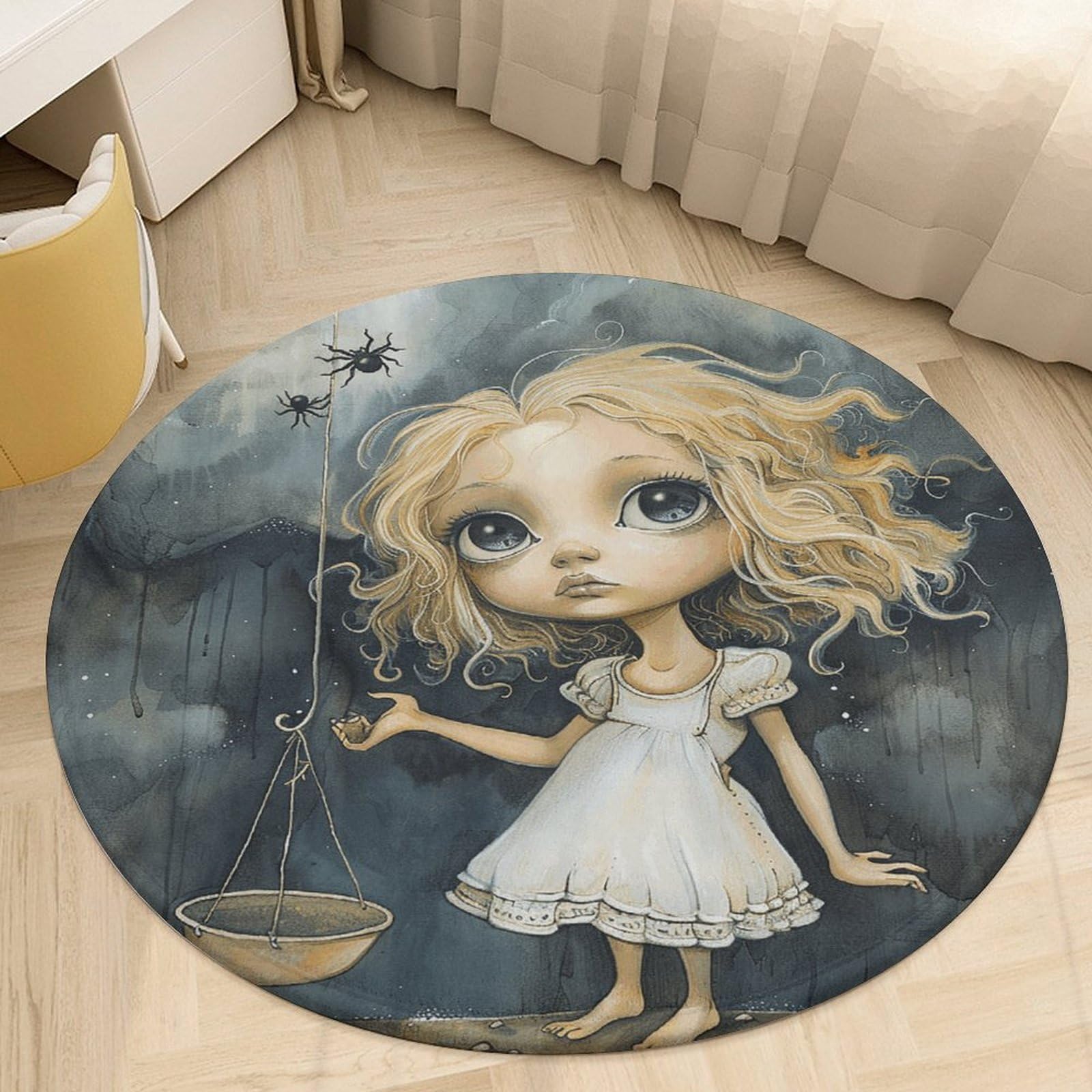 Tapis rond fille aux grands yeux pour créer un coin lecture doux dans le salon