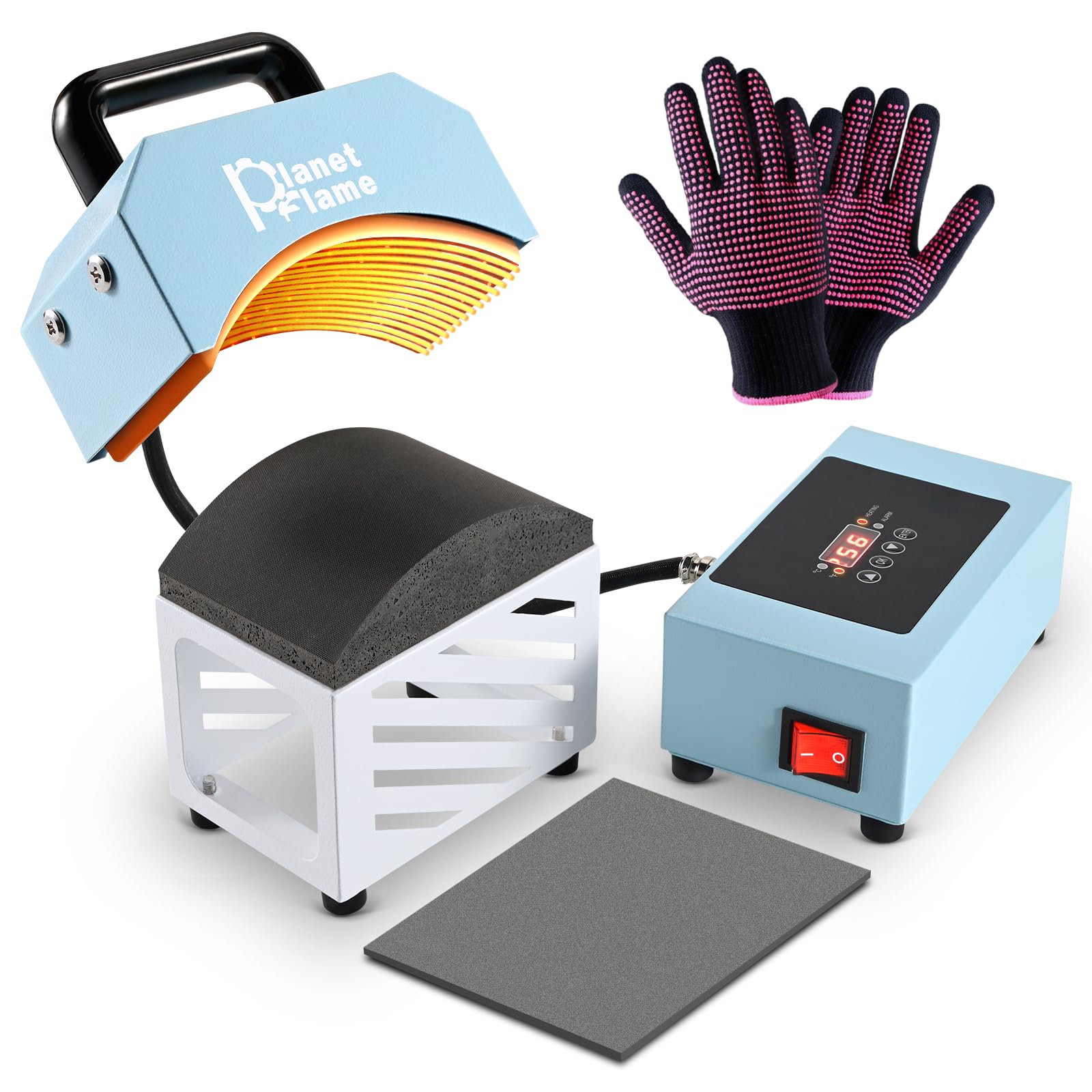 PlanetFlame Hat Press, Mini Hat Press Heat Machine for Caps Hats with 5.4" * 3.1" Curved Teflon Coated Heat Plate & Safety Base for Heat Transfer