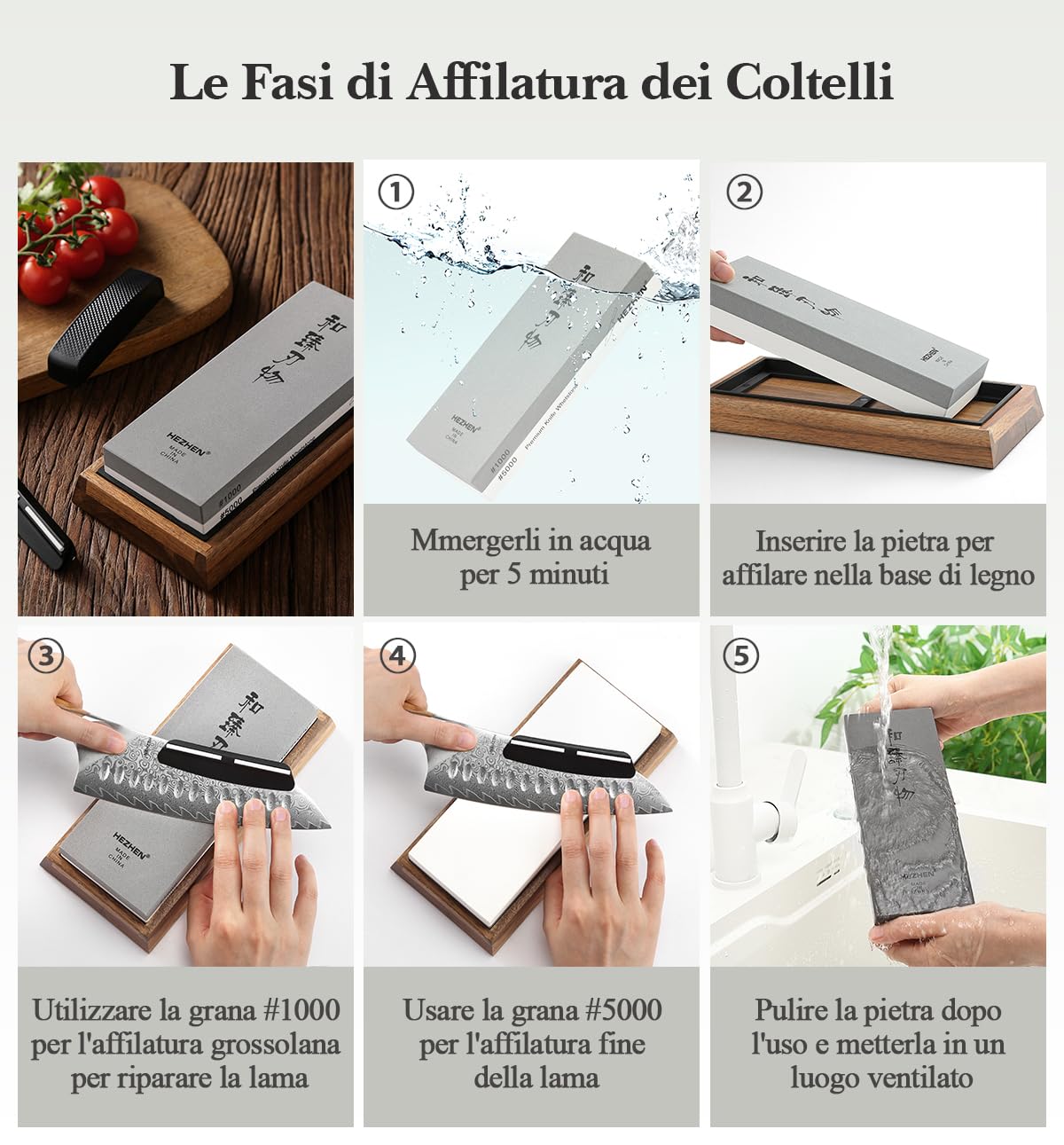 HEZHEN Pietra Affilacoltelli Professionale, Pietra per Affilare al Corindone Bianco, Doppia Faccia Grana1000/5000, con Guida Angolare, Base in Legno