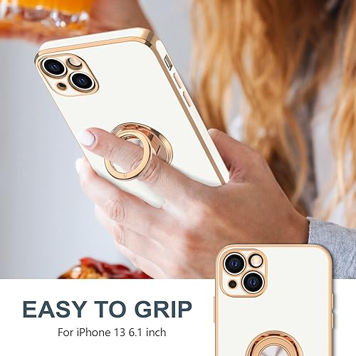 Miniatura 2 de Hython Funda para iPhone 13 con soporte de anillo soporte de anillo giratorio de 360  borde dorado chapado brillante Funda protectora de lujo para