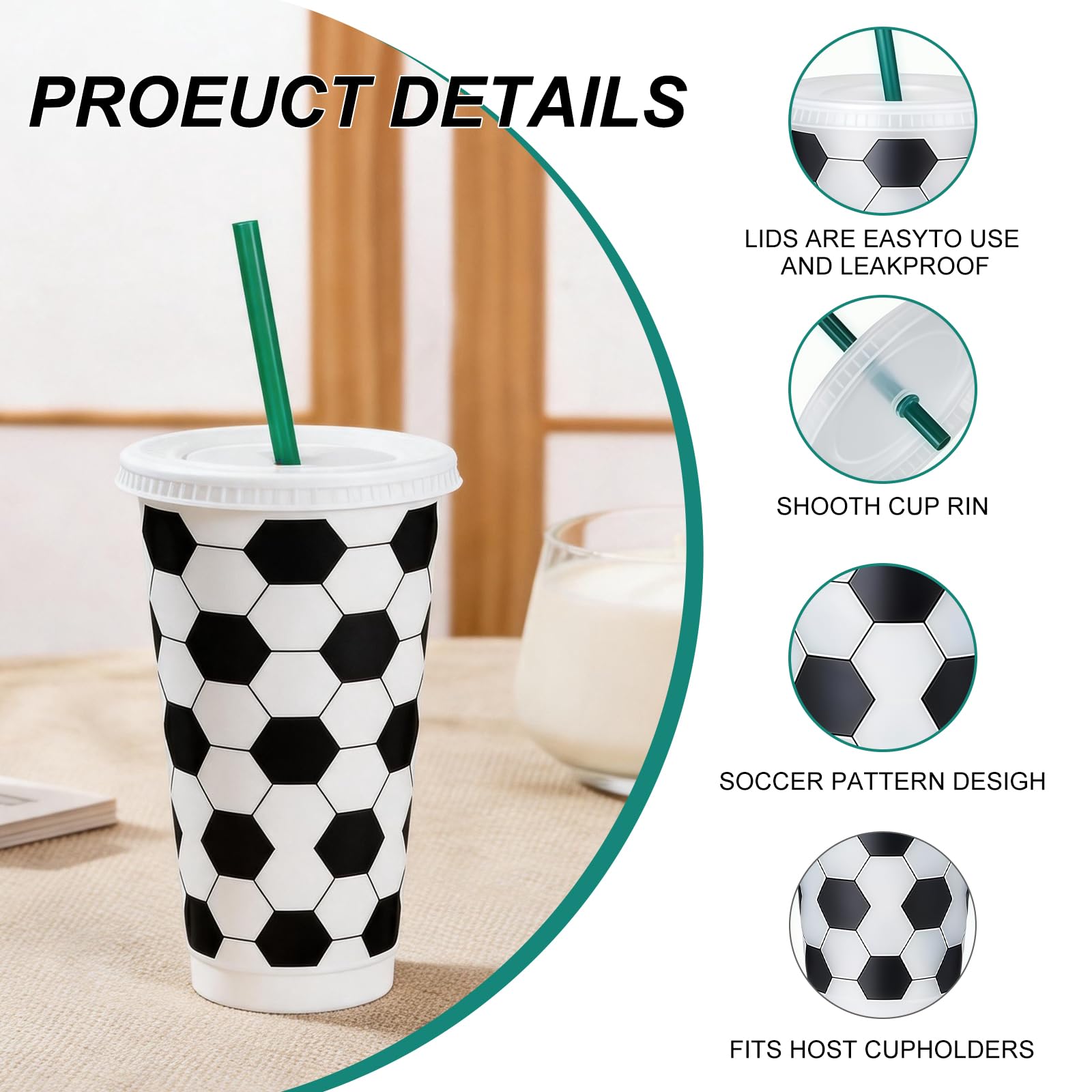 12 vasos de fútbol de 710 ml (24 oz) con tapa y pajita, botellas reutilizables para beber de fútbol, pelota deportiva, fiesta de cumpleaños, regalos para fiestas, fans, decoración de