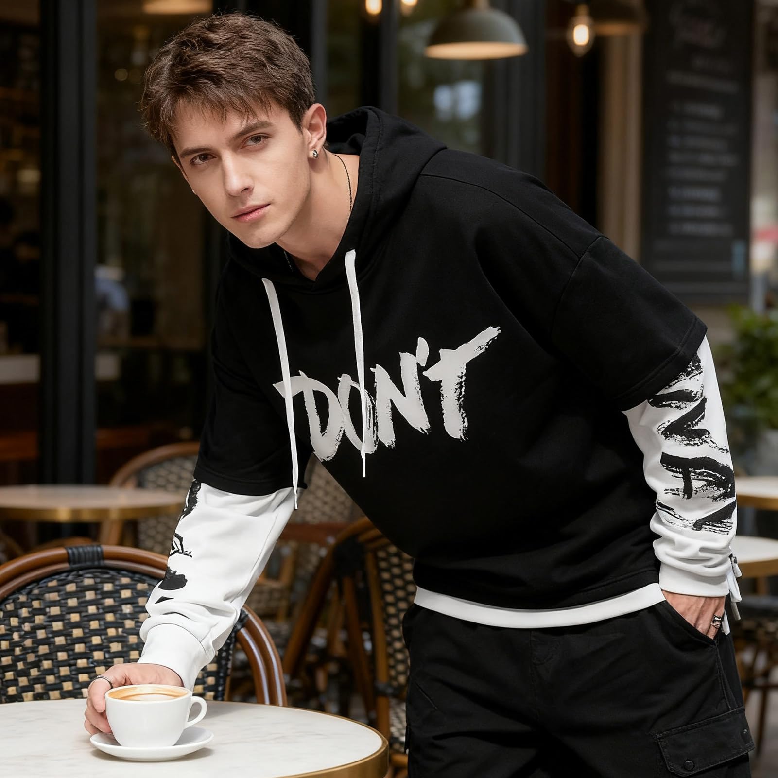 Felpa da Uomo con Cappuccio Stampa Patchwork Sweatshirt | Pullover Uomo Harajuku Stile di Strada Cotone Hoodie