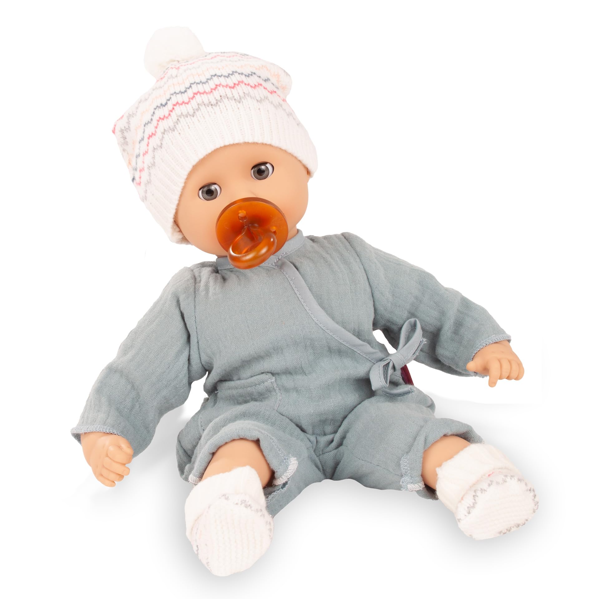 Götz 2620580 Muffin Baby Zick Zack Puppe 33 cm Babypuppe Blaue Schlafaugen | 6-tlg, ohne Haare, Weichkörper, für Kinder ab 18 Monaten, waschbar, mit Schnuller, Anzug, Strickmütze und Strickschuhen