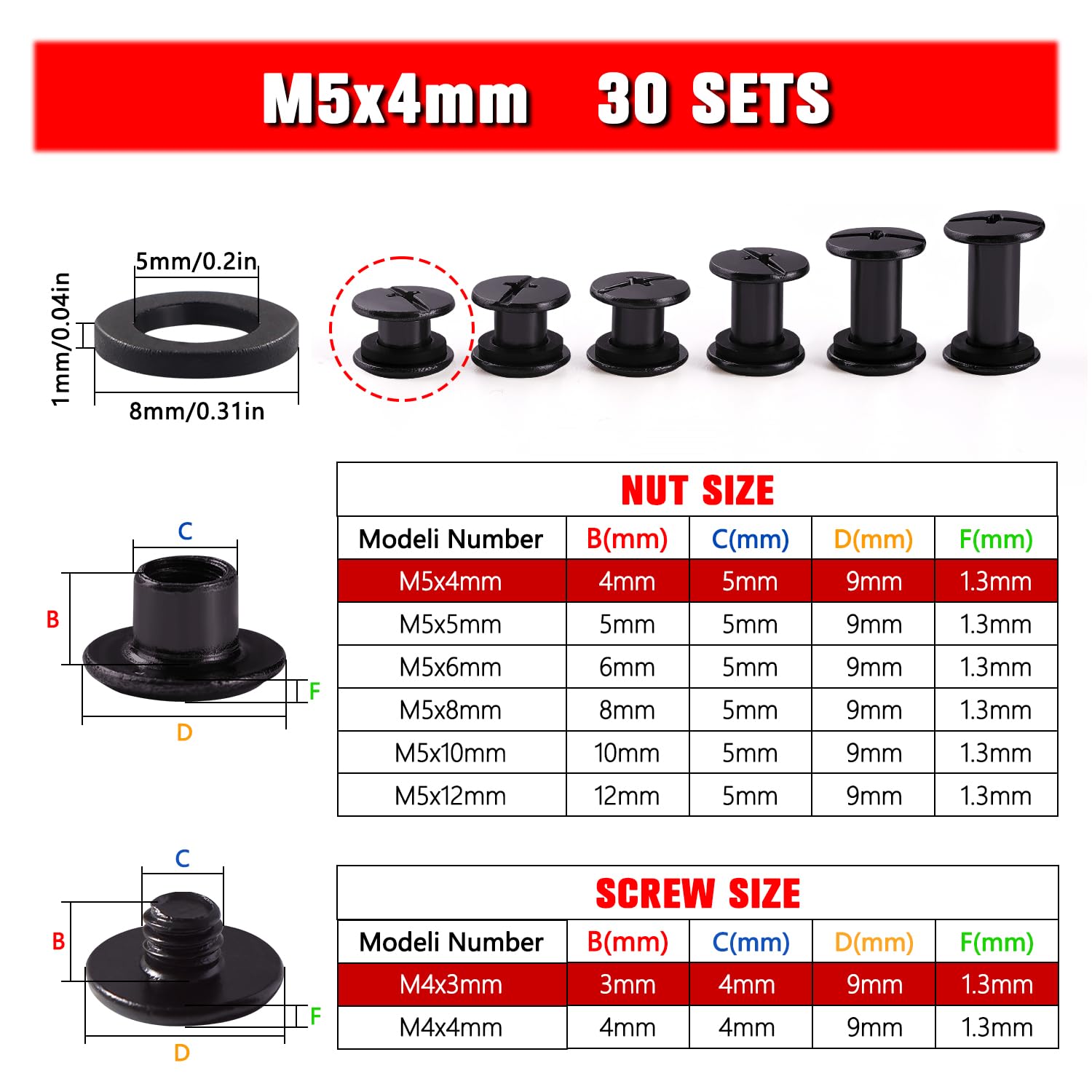 YIXISI 30 Set M5x4mm Chicago Binding Screws Kit, Book Binding Rivets, Leather Rivets, Binding Screws Posts - Image 2