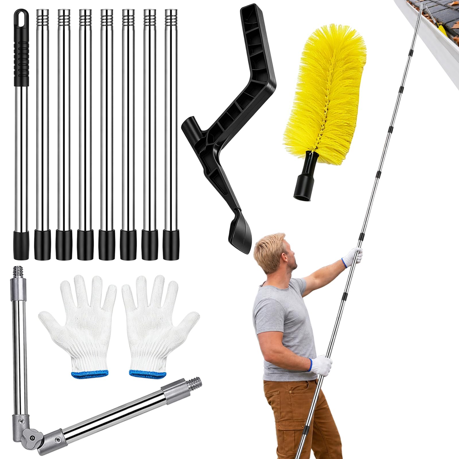 4M Telescopic Gutter Cleaning Tools Kit,2-in-1 Extendable Gutter Cleaner with Brush and Leaf Shovel,180 Degree Adjustable Angle Roof Scraper Moss Removal Pole for Conservatory Roof, Includes Gloves