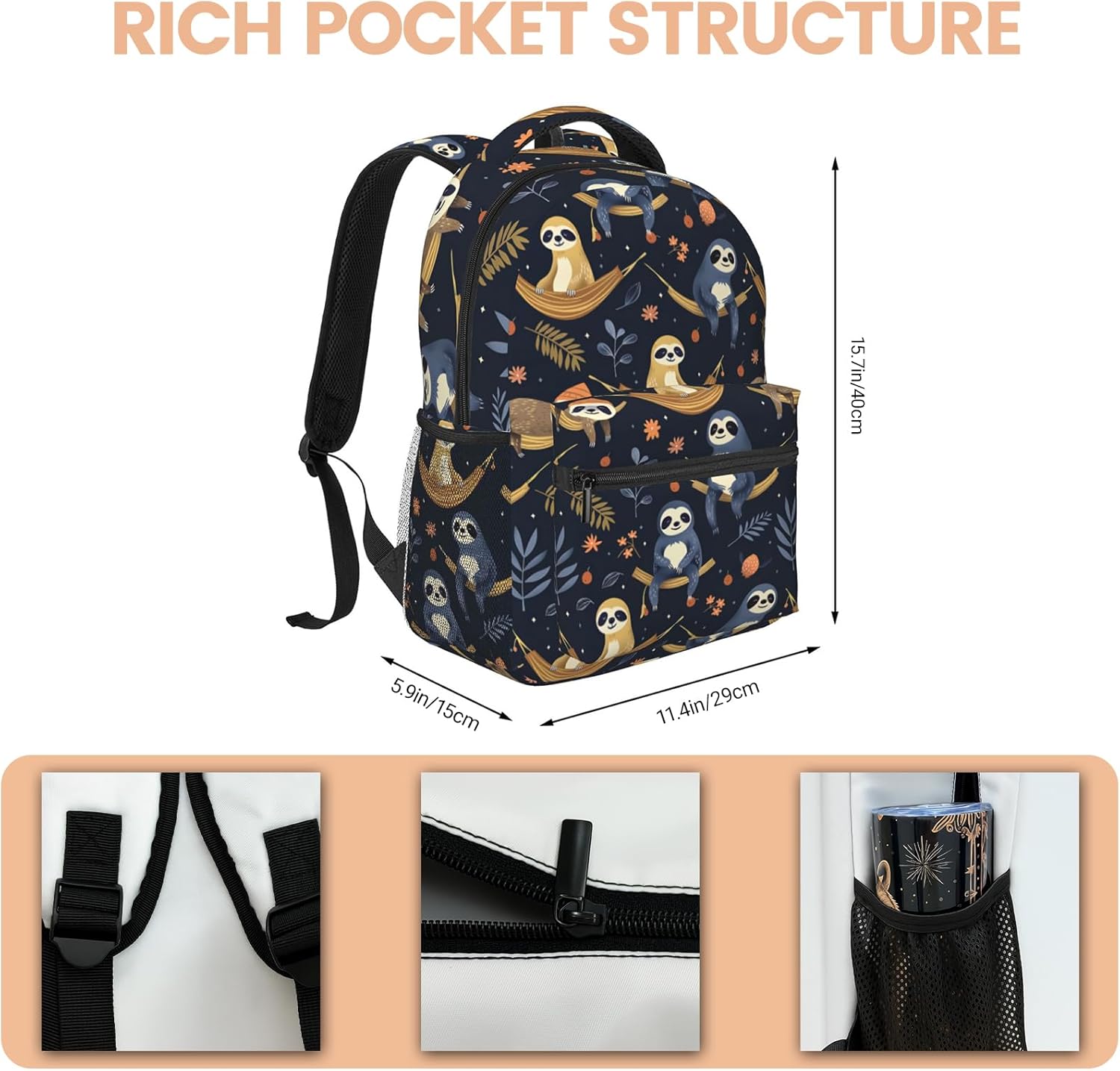 Cute Sloth Forest Backpack with Cushioned Straps for Laptop Tablet,11.4×5.9×15.7in,Animal Hammock Back Pack for Travel School,Multi-Pocket Storage Bookbag,Ideal Gifts for Teens Nature Lovers