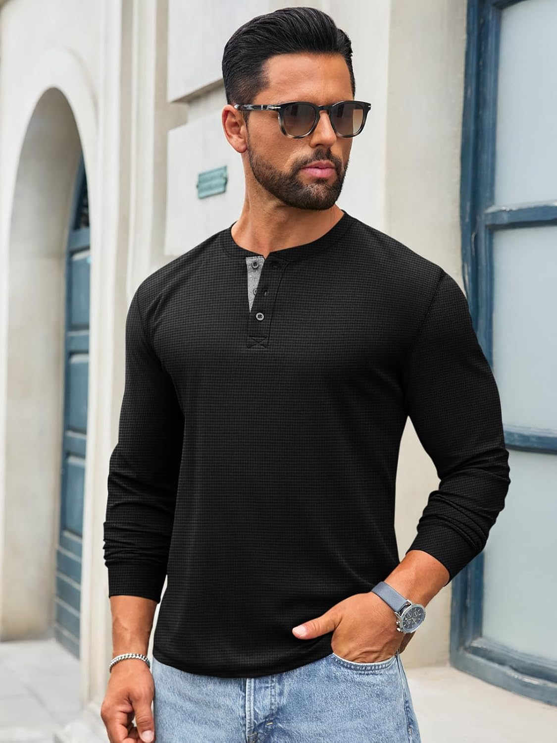 Runcati Mens Henley Long Sleeve Shirts Waffle Button Casual Basic Lightweight Tops - Image 2