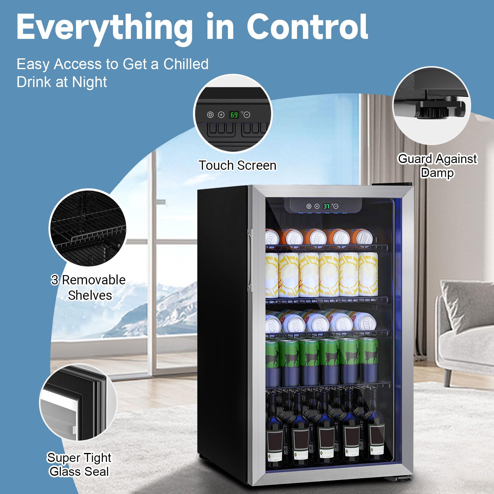 Stopsad Compact Beverage Refrigerator Cooler, 105 Can/3.0 Cubic Feet Mini Fridge with Glass Front Door, Digital Display Small Refrigerator with Adjustable Shelves for Soda, Beer or Wine