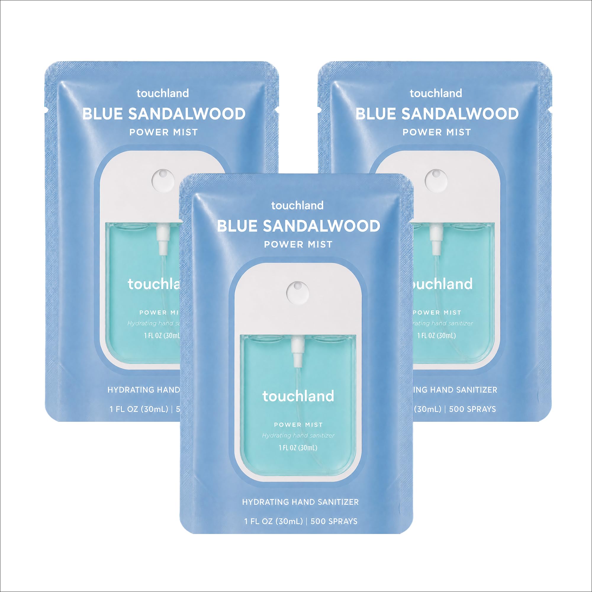 Touchland Blue Sandalwood Hydrating Hand Sanitizer Spray 3 Pack Travel Size | TSA ready Power Mist with skincare benefits. Earthy and sophisticated scent, evoking peace and balance.