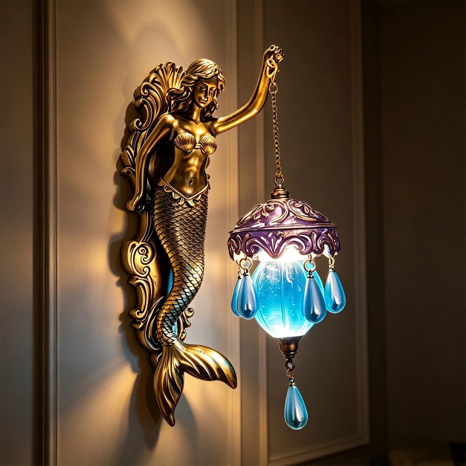 Elfenfigur Wandlampe,Engel Statue mit LED Hängelaterne,Meerjungfrau Wandleuchte Deko,Feen Wanddekoration für Wohnzimmer Schlafzimmer Flur Eingangsbereich Büro,Geschenkidee für Frauen(Stil 1)