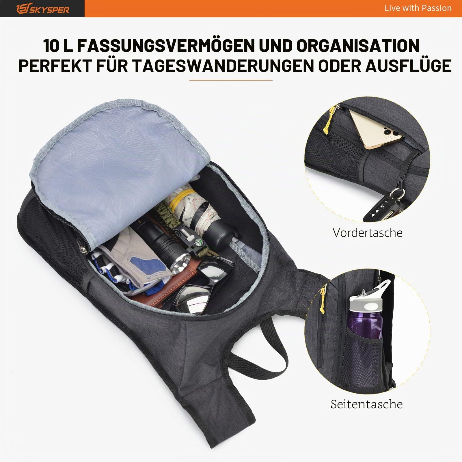 SKYSPER 10L Faltbarer Rucksack Ultraleicht Tagesrucksack Wasserfest Daypack Reiserucksack Wanderrucksack für Wandern Reisen Städtetrips
