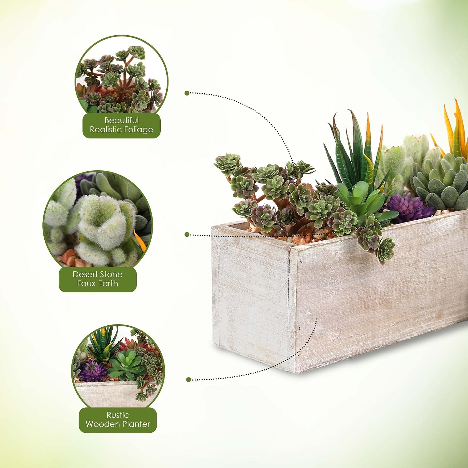 Houseables Succulent Arrangements, Faux Succulents Rectangular Planter, 11.5” x 7.5” x 3.75”, Artificial Assorted Plants, Table Centerpieces, Fake Plant Arrangement, Cactus Decoration, Rustic, Decor