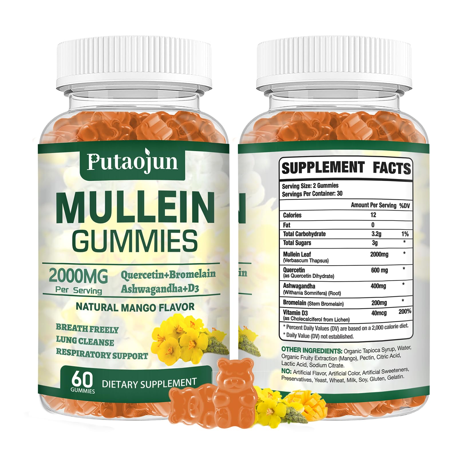 Putaojun Gomas de extrato de folha de verbasco, 2000 mg, 60 gomas