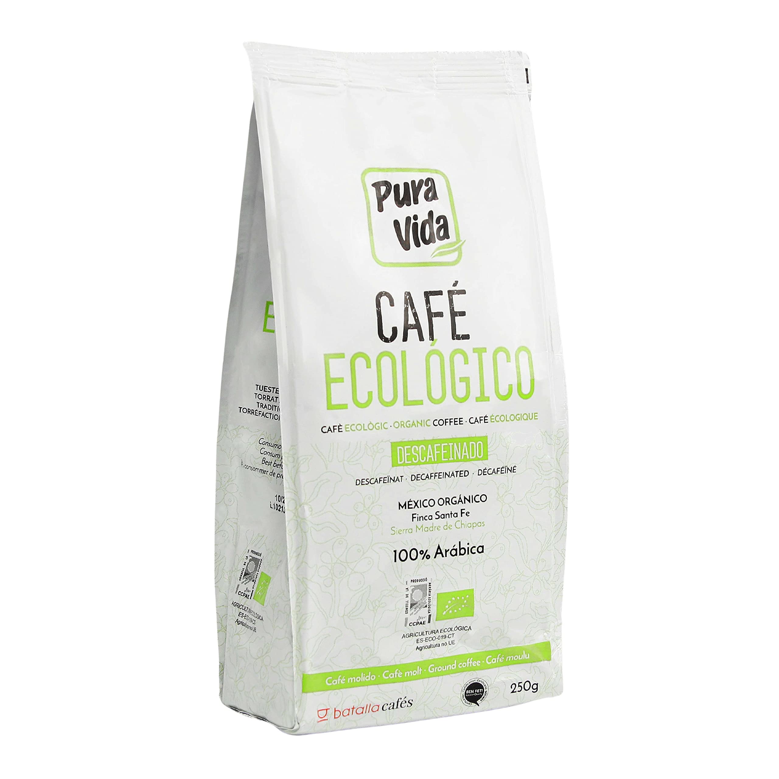 Pura Vida Café Ecológico Descafeinado Molido - 4 Paquetes de 250 gr - Total: 1000 gr, Polvo
