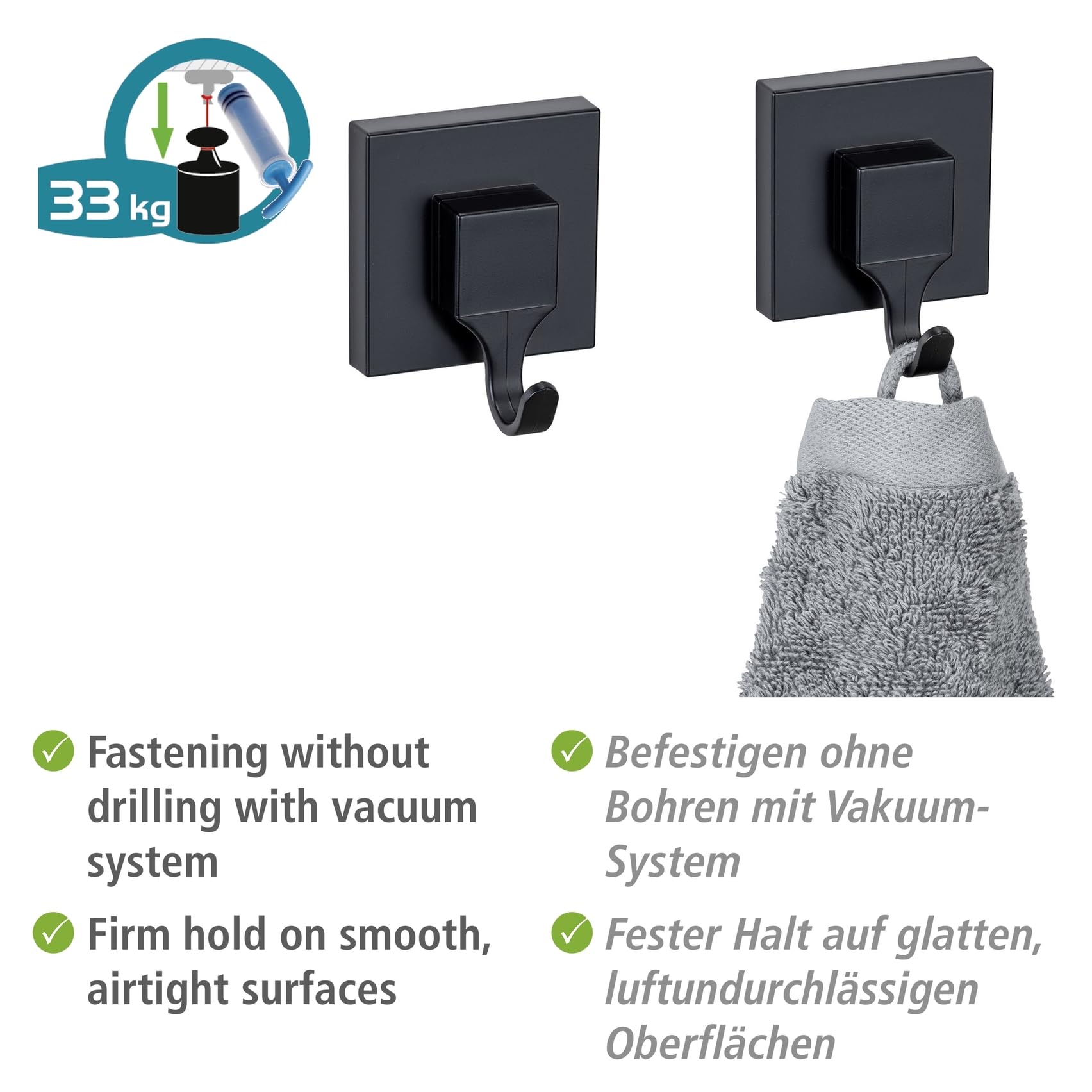 WENKO Vacuum-Loc® haczyki ścienne Quadro zestaw 2 haczyków łazienkowych z tworzywa sztucznego, mocowanie bez wiercenia, kolor czarny
