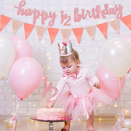 Miniatura 5 de Spakon Juego de pancartas de feliz cumpleaños con purpurina de 6 meses, feliz 12 cumpleaños, bebé, niño, niña, 12 año, decoración de pastel de 12