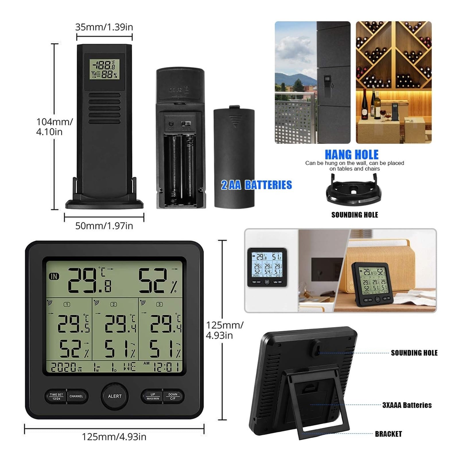 Stazione Meteorologica Professionale Termometro Wireless Digitale For Interni Ed Esterni Igrometro 3 Sensori Remoti Con Calendario Del'orologio Di Avviso Preciso Veloce Monitoraggio In Tempo Reale