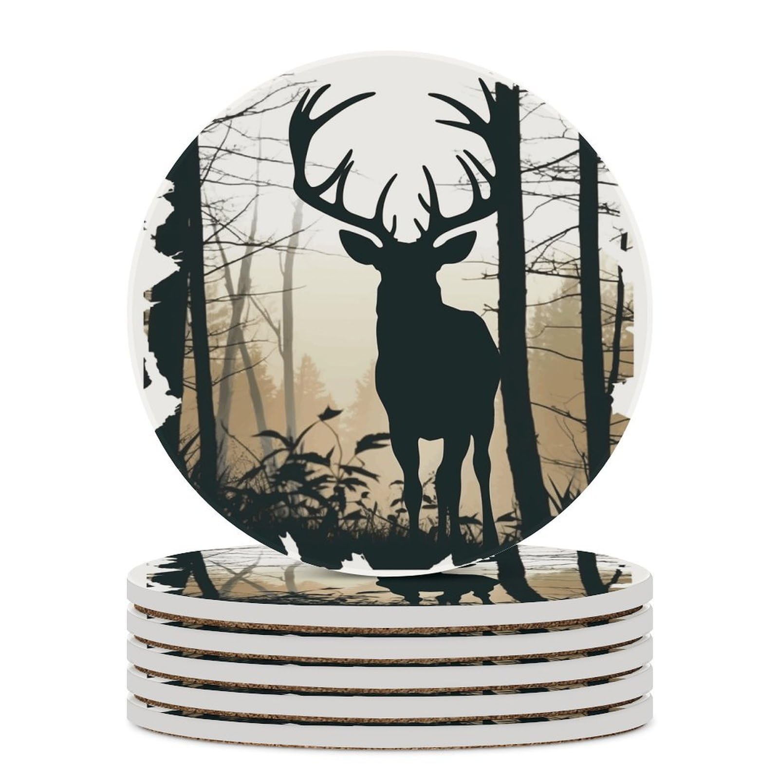 Dessous de verre en céramique lot de 6 ronds avec liège motif cerf