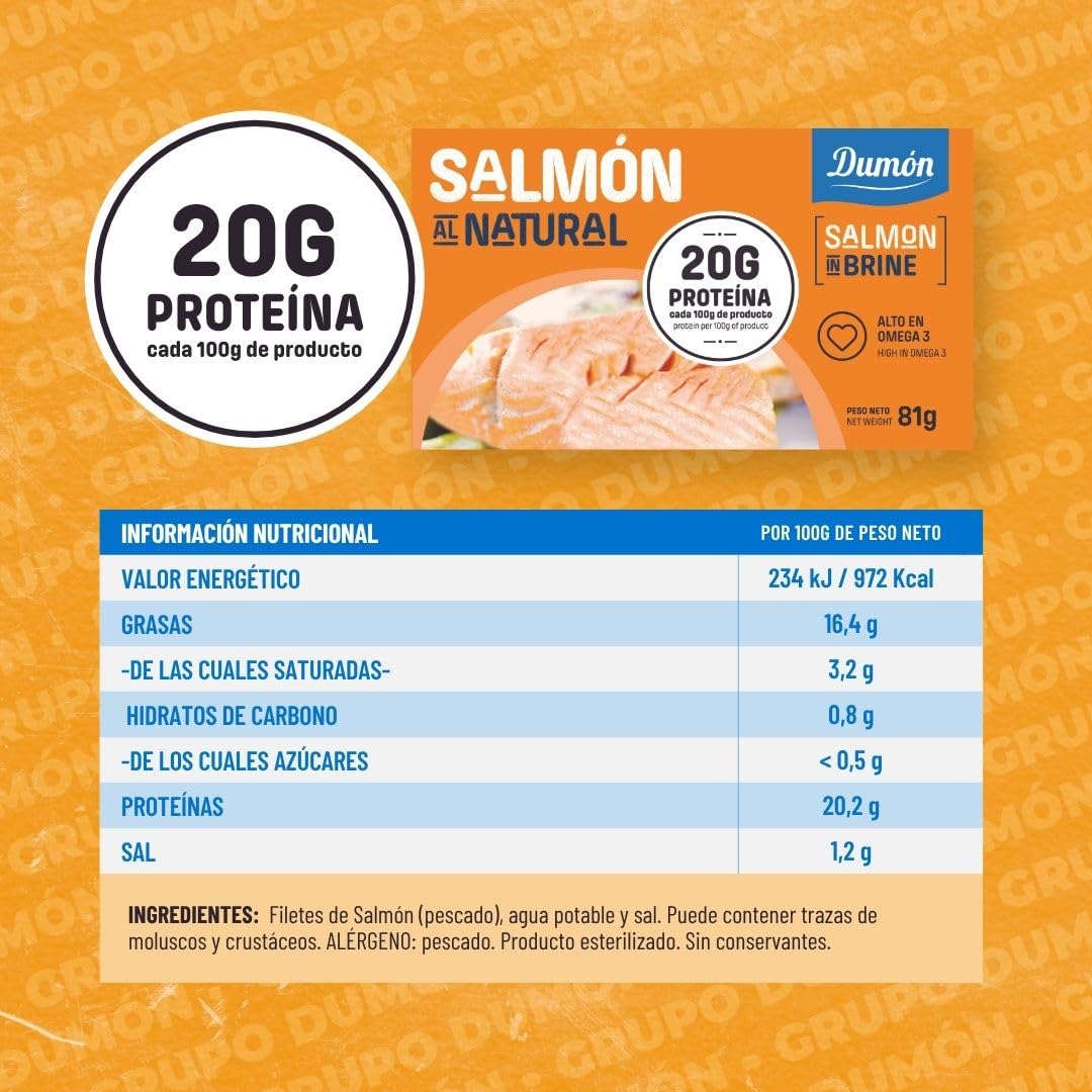 12 Einheiten norwegischer Lachs in ihrem eigenen Wasser. 160 g pro Portion. Reich an Protein und Omega 3