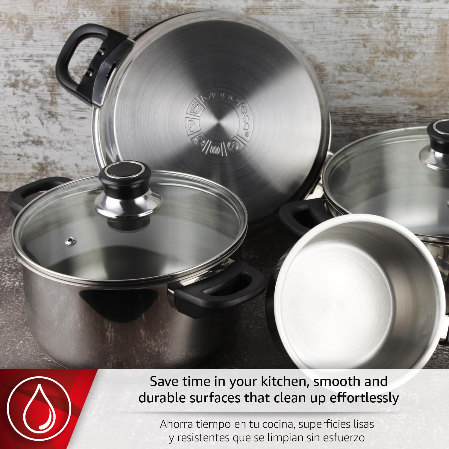 Magefesa - Royal batería de cocina, 6 piezas, fabricada en Acero Inoxidable, Compatible con Todo Tipo de Fuego, INDUCCIÓN. Fácil Limpieza y Apta lavavajillas