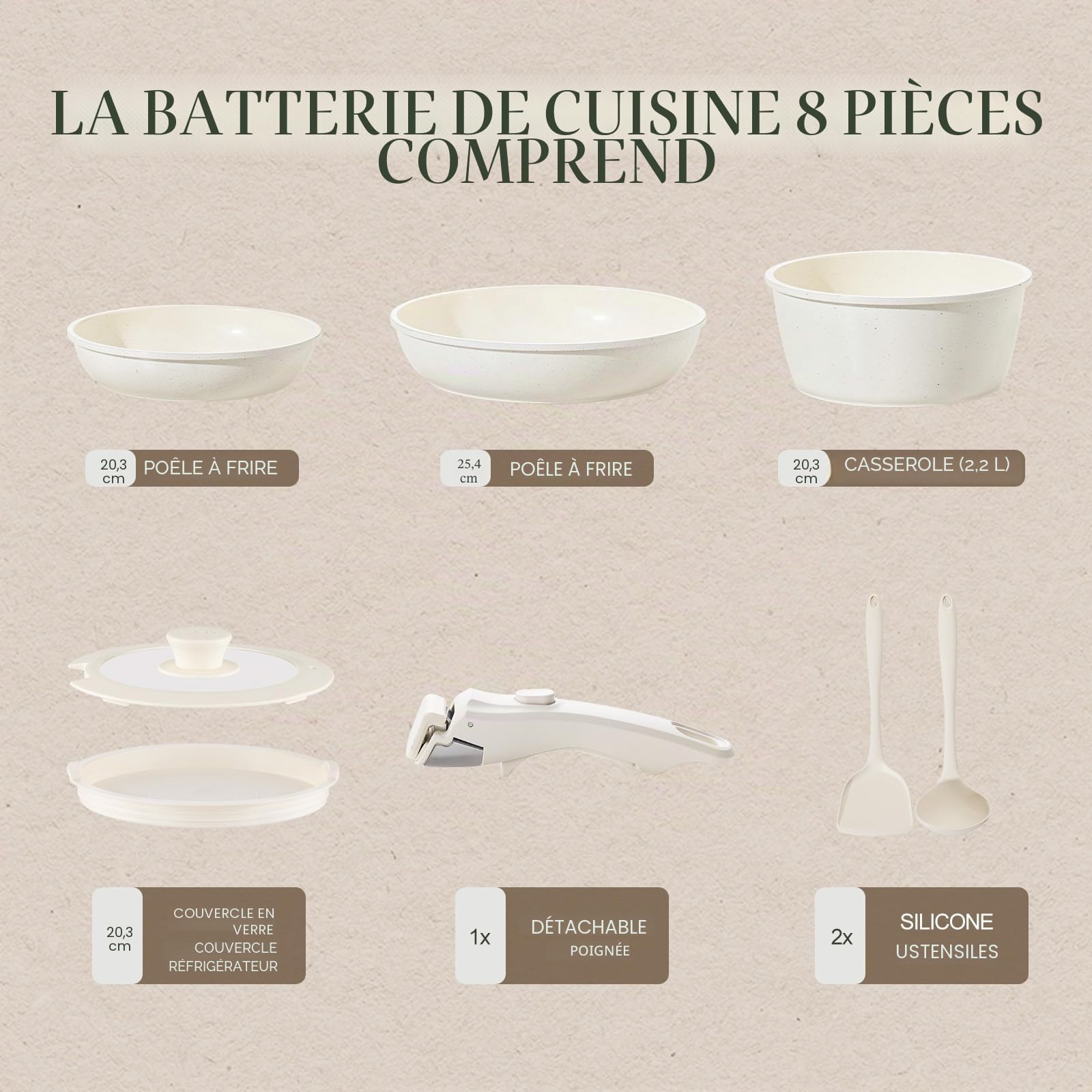 Set de 8 Pièces Casseroles et Poêles Antiadhésifs en Céramique, Sans PFOA — Compatible avec Induction/Gaz, Poignées Amovibles, Conception Empilable et Lavable au Lave-Vaisselle Blanc crème