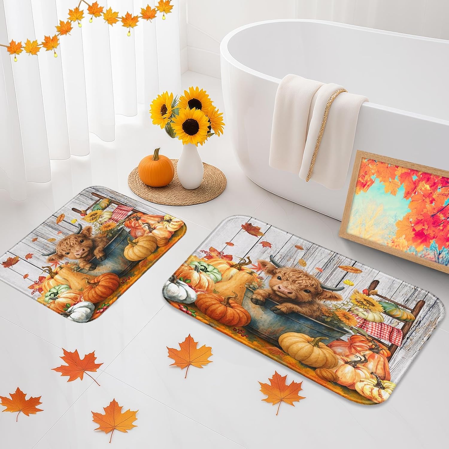 Arttown Bathroom Set, Shower Curtain and Bath Rugs Highland Fall Pumpkin