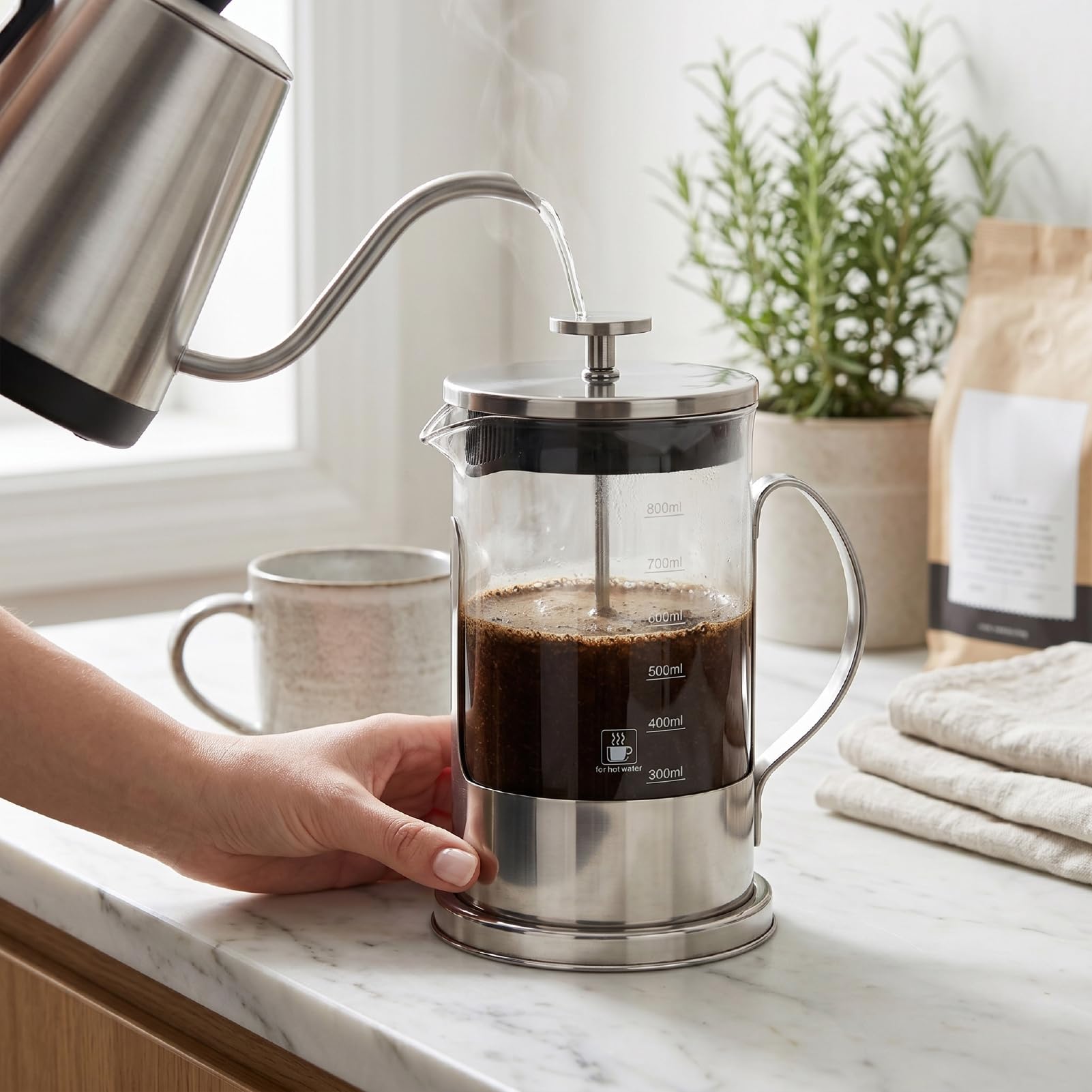 Cryfokt Cafetière à Presse Française, Acier Inoxydable 304 et Verre à Haute Teneur en Borosilicate avec Filtre entrelacé de 80 Mailles pour la Maison, les Voyages, le Camping ou le Bureau (SILVER