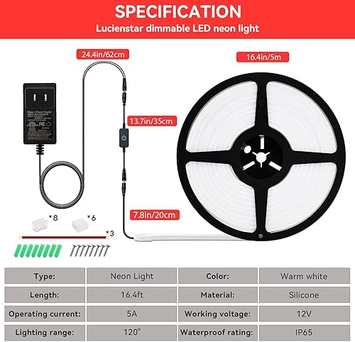 Miniatura 2 de Tira de luces LED de neón, 16.4 pies, de silicona flexible IP65, impermeable, cuerda de neón, 12 V, regulables, luces de neón LED para decoración de