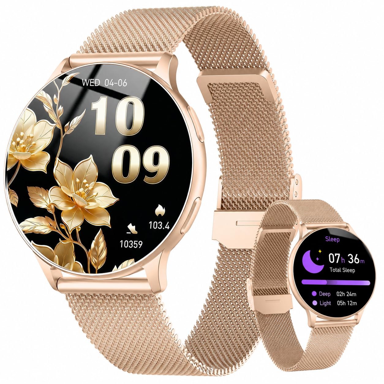 Jugeman Montre Connectée Femme, 1.33" Smartwatch avec Appel Bluetooth, Doré | Smartwatch Rond Fréquence Cardiaque/SpO2/Sommeil Montre, 120 Mode+Sportifs Montre, IP68 étanche Fitness Podomètre Android iOS