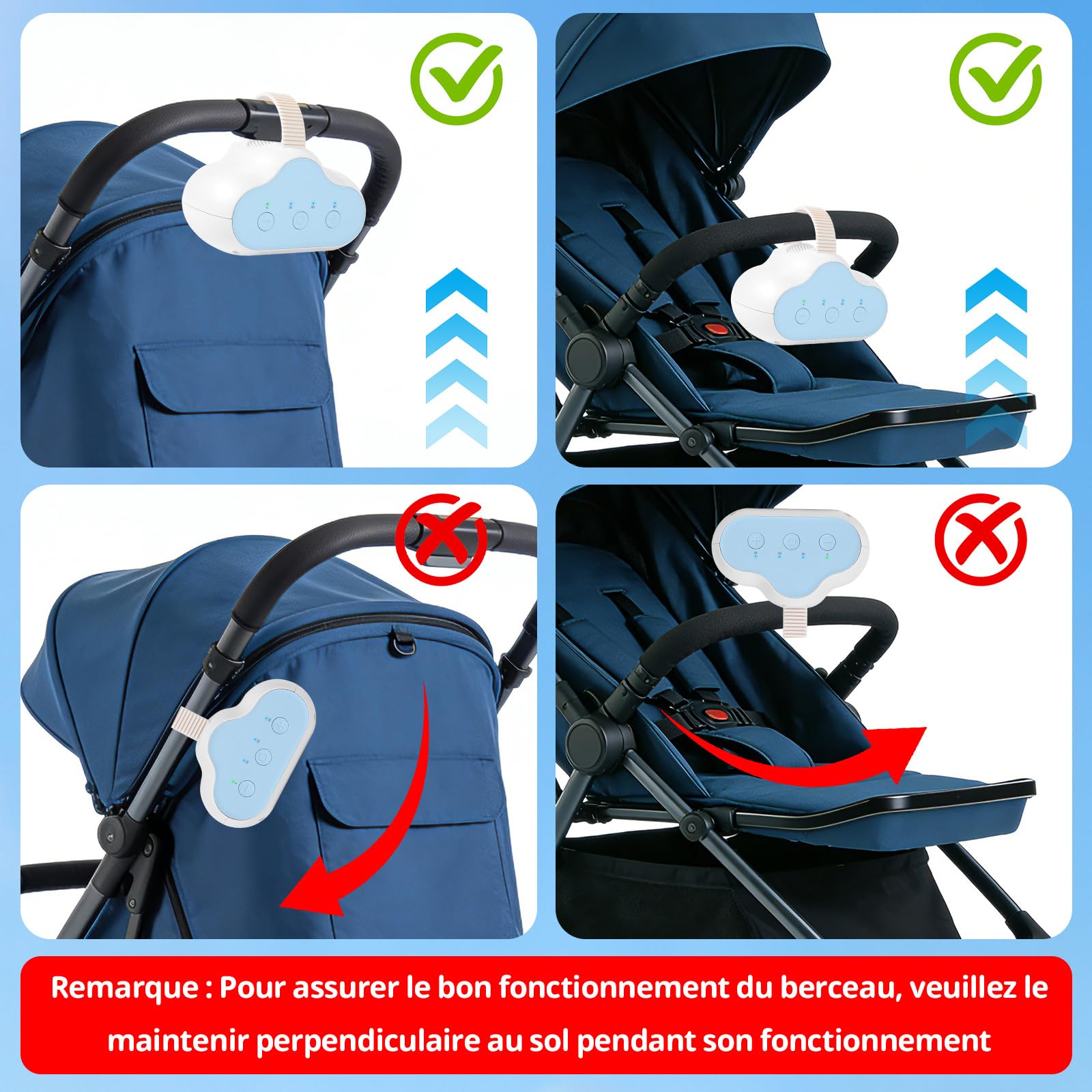 Balançoire Automatique Pour Bébé,Rechargeable,3 Intensités de Balancement Réglables,Minuterie 30-60-90 Min,Silencieuse,pour Poussette et Buggy