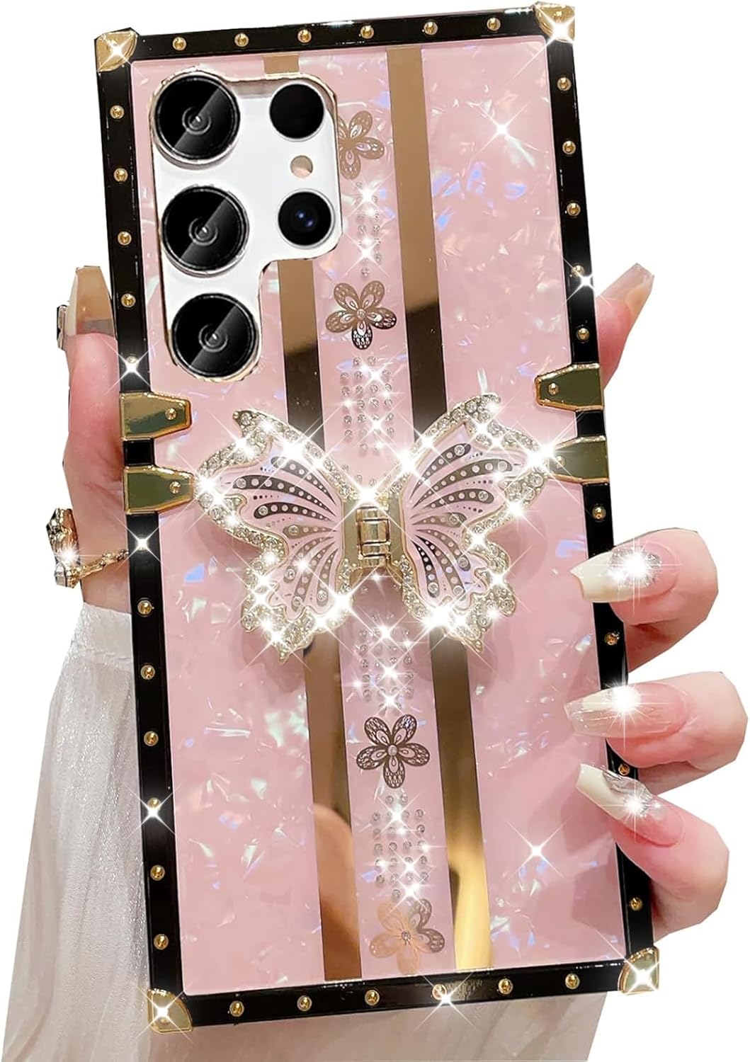 for Samsung Galaxy S25 Ultra Glitter Kickstand Case,Cute Bling Sparkly Butterfly Foldable Stand Floral Marble Mirror Elegant Shockproof Women Girls Protective Case for Galaxy S25 Ultra, Pink