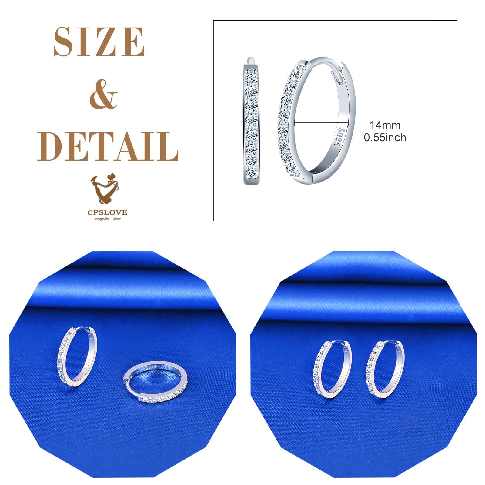 CPSLOVE Orecchini Cerchio da Donna Ragazze Eleganti Orecchini Cerchi con Zircone in Argento 925 Orecchini Creole de Diametro 1.4cm