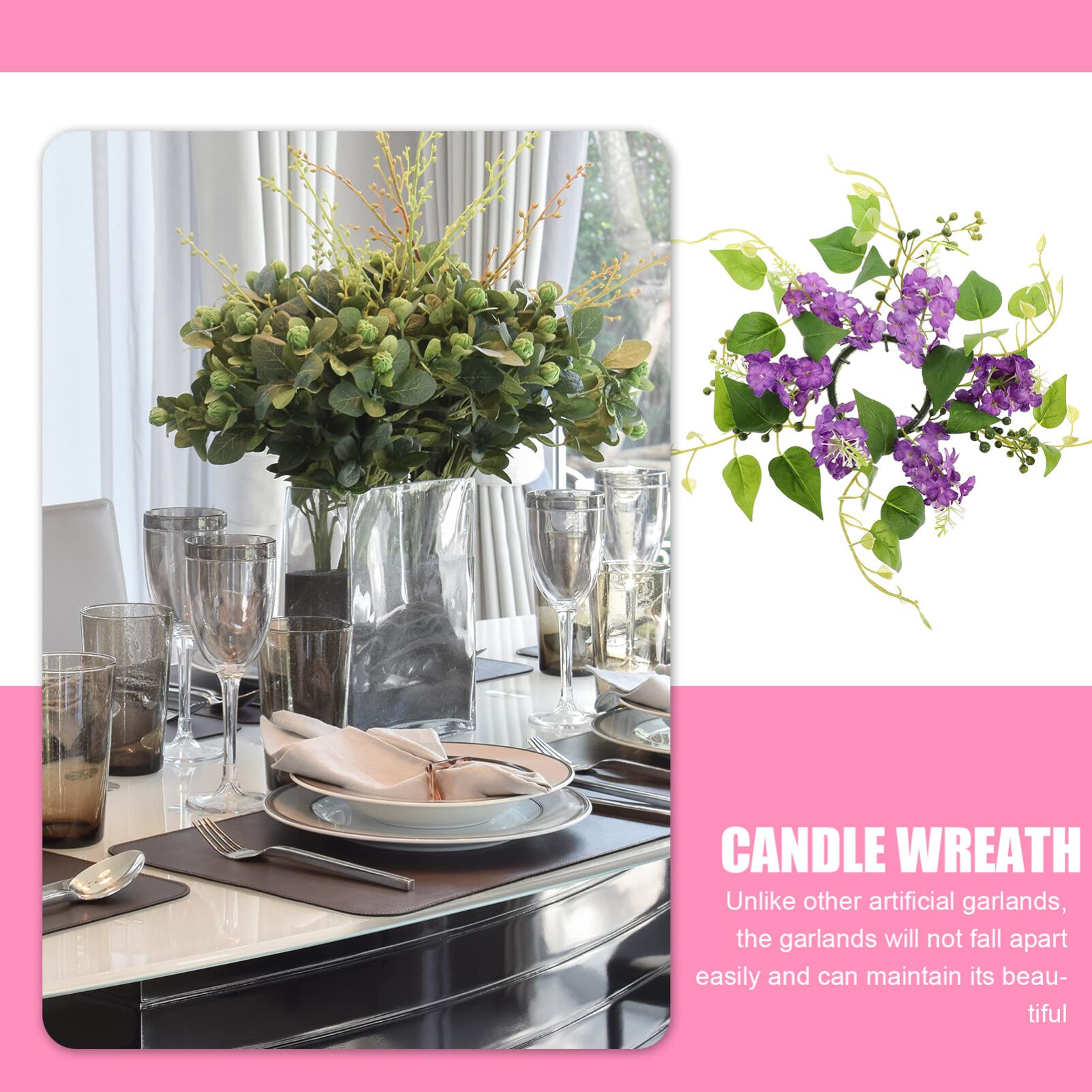 Cabilock Artificial Candlestick Garland Flower Candle Garland Floral Candle Holder Decorative Candle Holders Rustic Wreath Greenery Wreath Candle Rings Purple Plastic Small Wreath Flowers